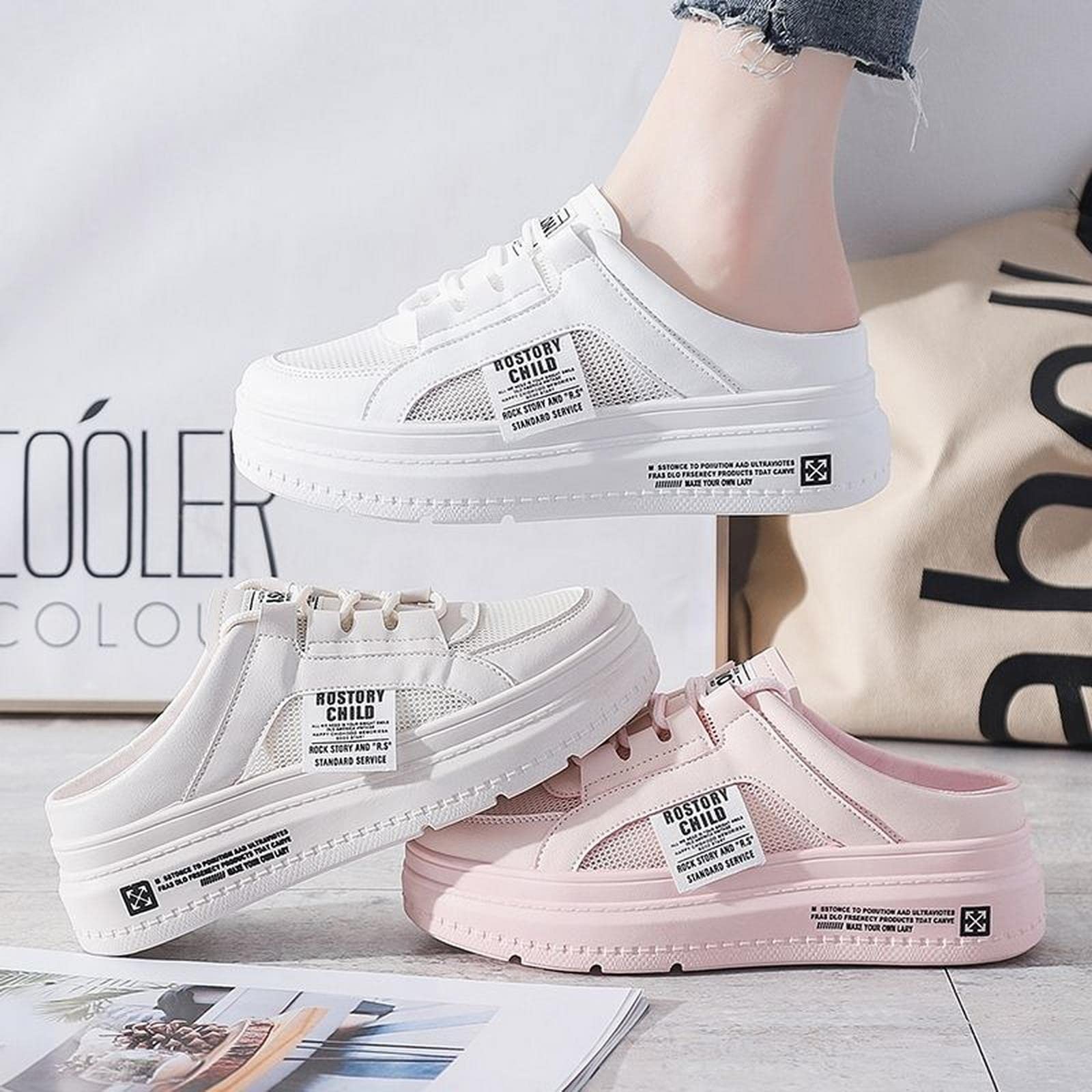MOGSA Pantoufles pour femme - Demi-chaussons assortis à bout fermé - Pantoufles d'extérieur à plateforme - Chaussures blanches