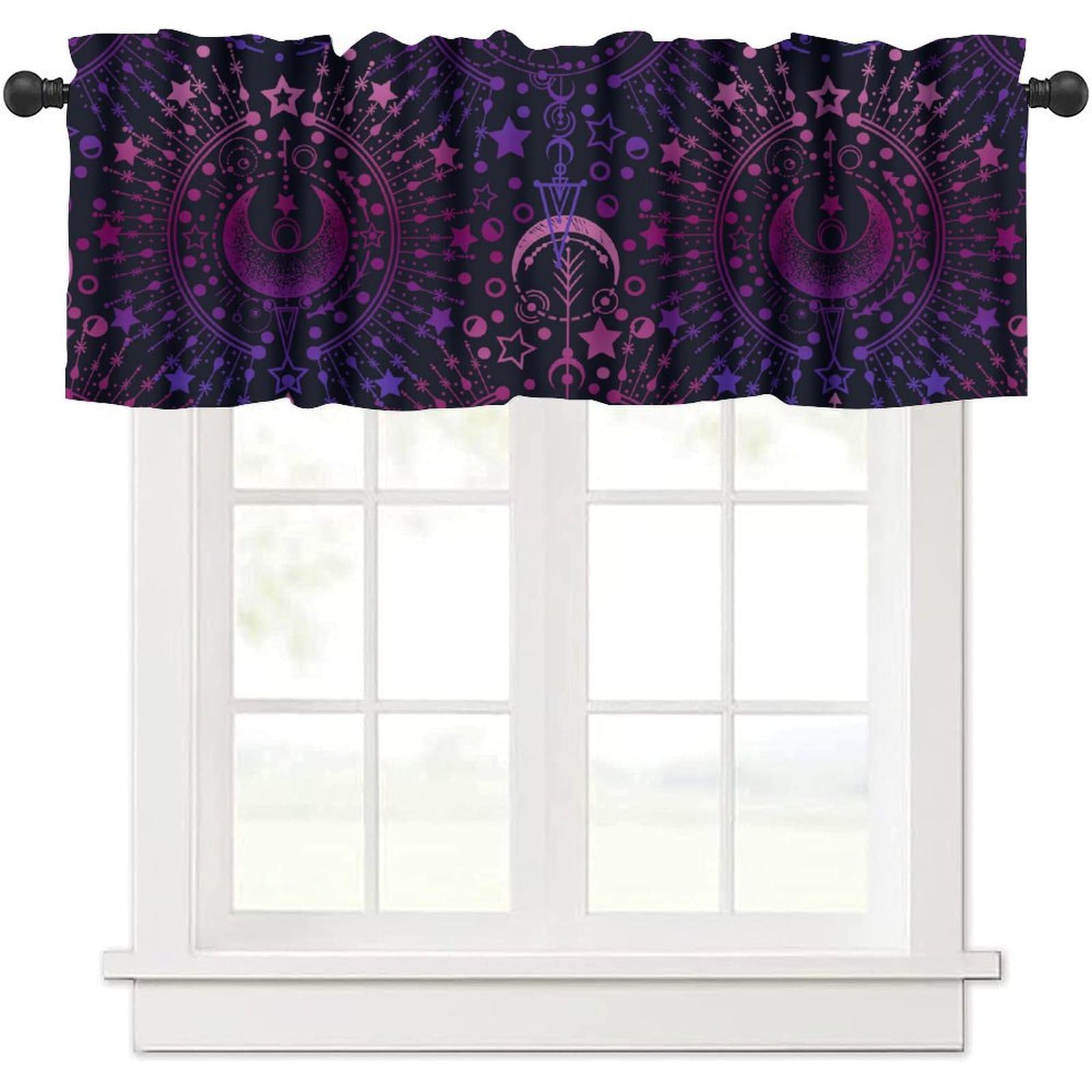 JanJCurt Magical Astrology Valance, Zodiac Witch Purple Pink Sun Moon Star Print Short Blackout Window Curtains for Home Dining Kitchen Bedroom Living