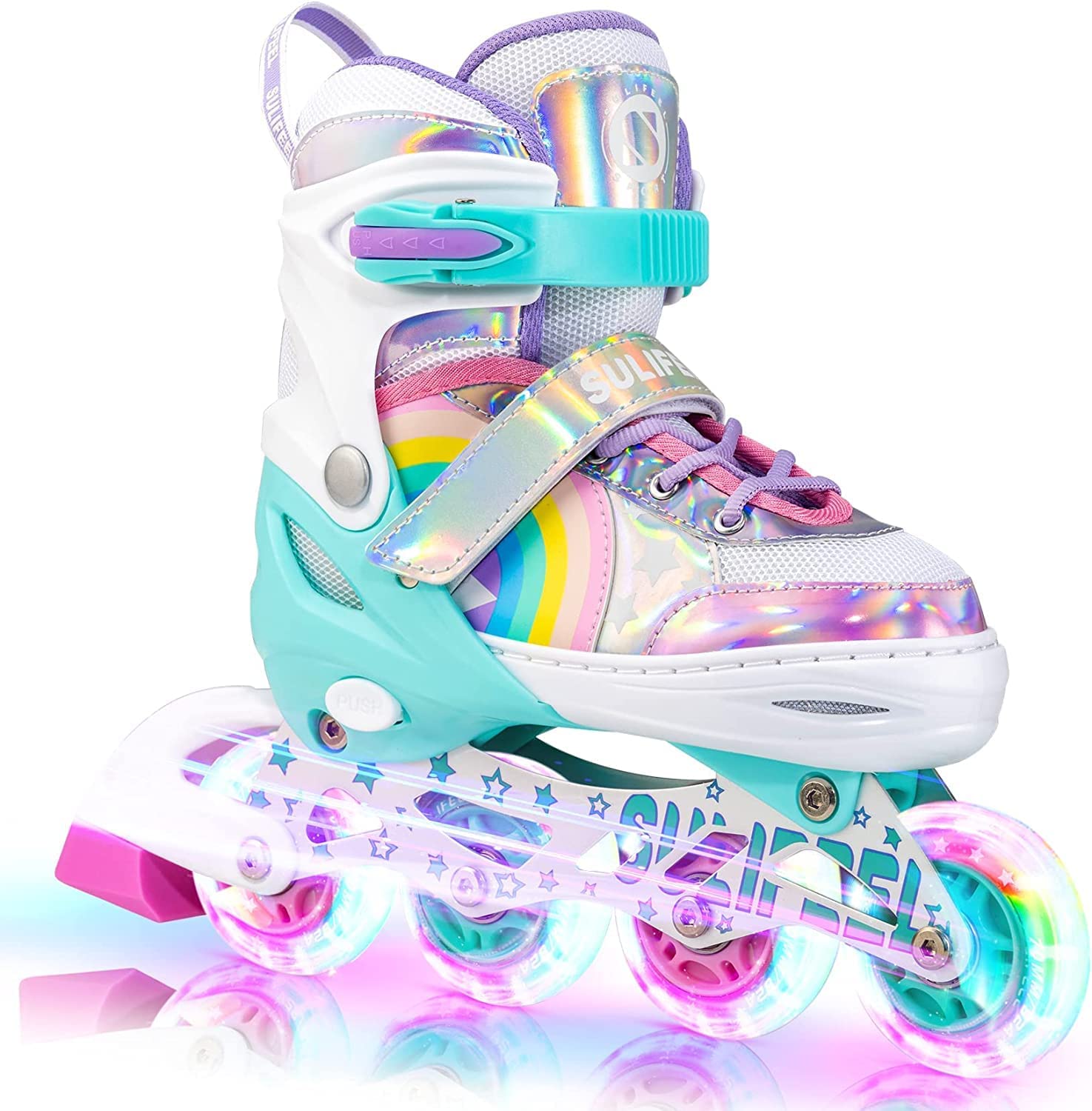 SULIFEEL Adjustable Light up Inline Skates for Kids Girls Beginner Skates with Illuminating Wheels Rainbow Unicorn