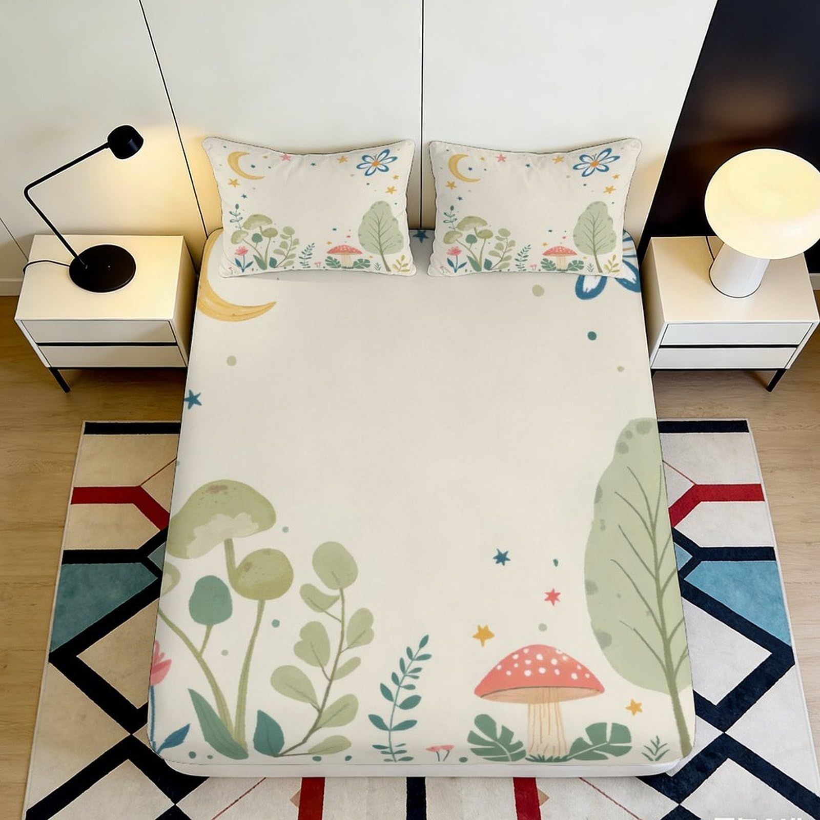 3D Printed Botanical Forest Fitted Sheet Microfiber Soft Breathable Mushroom Mattress Cover for Bedroom Dorm Mattress Protection Decor 90x200x25cm