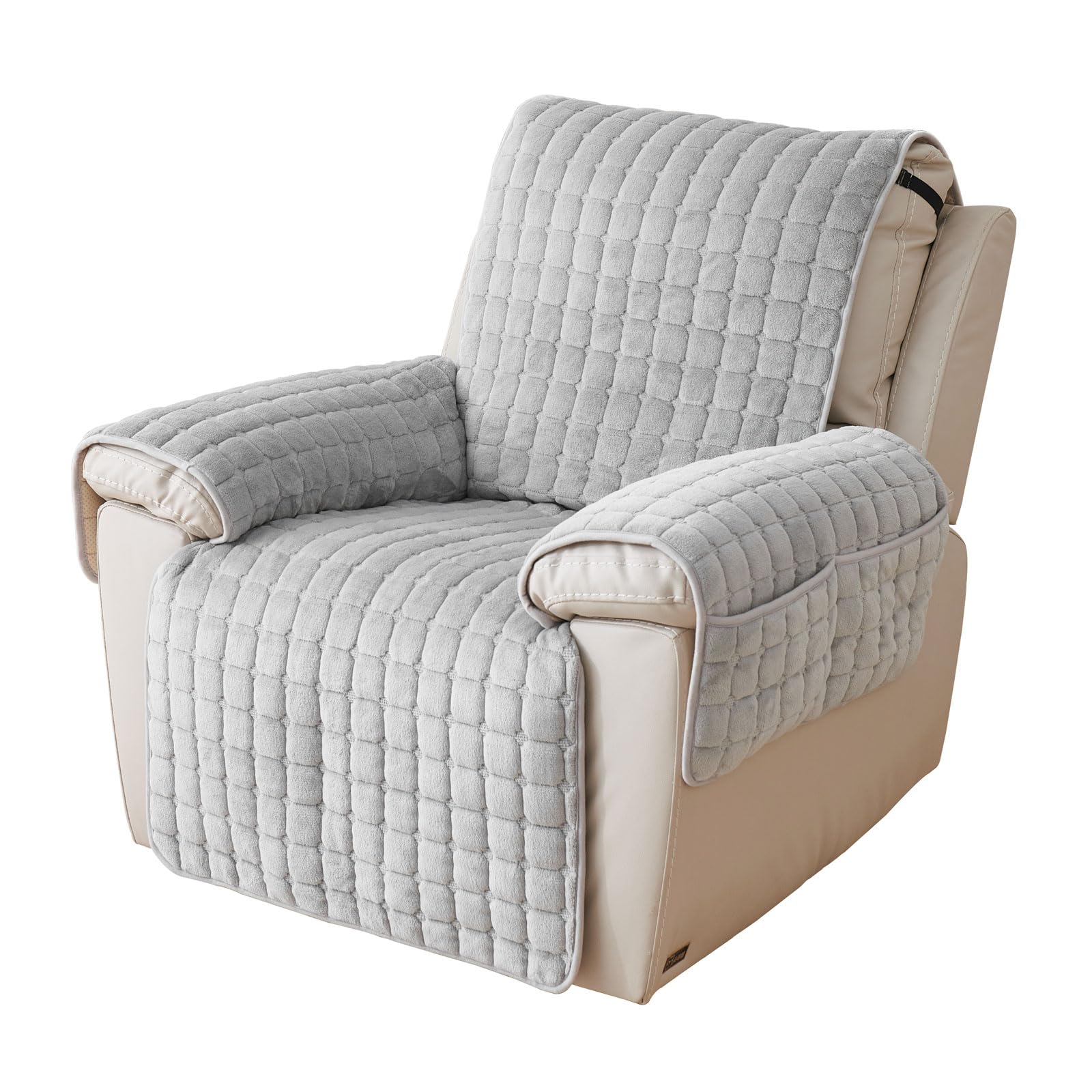 Funda para silla reclinable con bolsillos de peluche, antideslizante, súper suave y lavable, funda protectora de muebles para niños y mascotas (gris con bolsillos, 53 x 190)