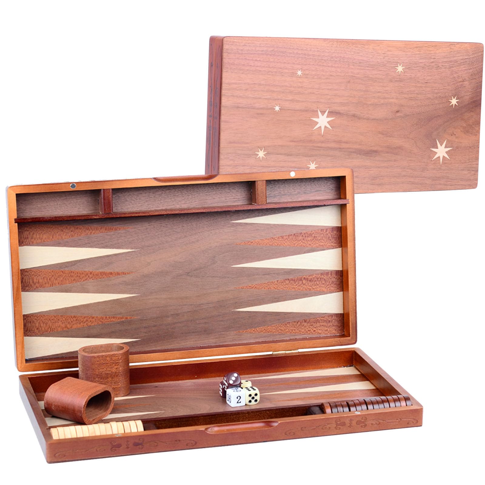 Wooden Inlaid Backgammon Set, Classic Strategy Board Game Case, 15.7" Large Size, with Checkers Pieces for Adults and Children