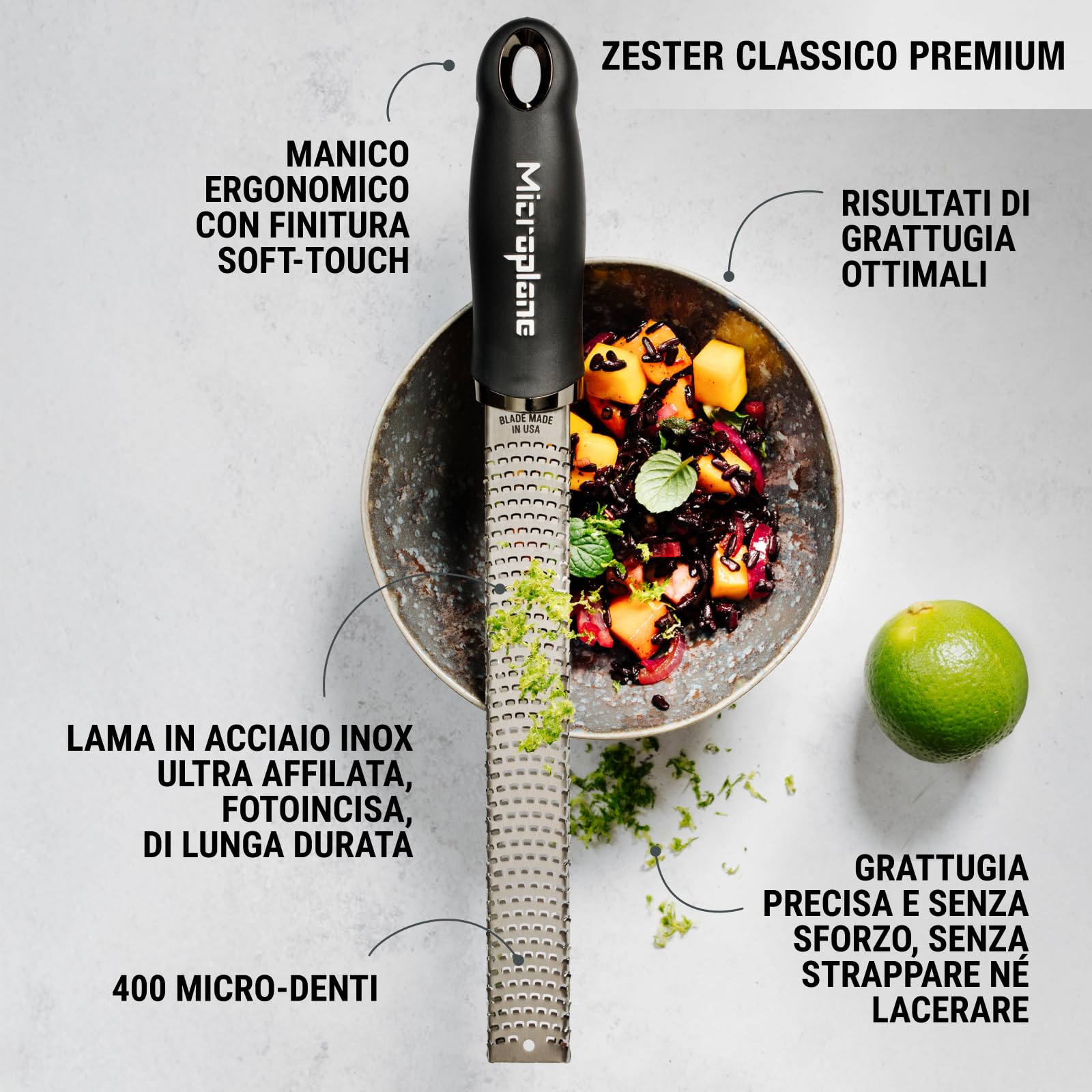 Set regalo Microplane Gourmet 3 pezzi - zester Premium Classic, grattugia ultra-spessa e pelapatate professionale - lame ultra-affilate (USA), manici soft-touch - utensili da cucina ergonomici