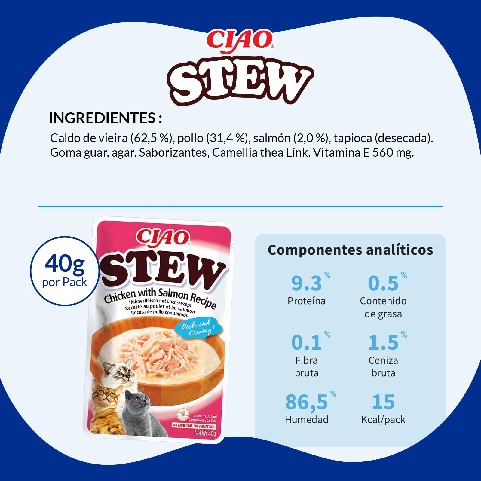 INABA Ciao Stew - Guiso Saludable para Gatos - Snacks, Receta de Pollo con Salmón - Premios Ricos y Cremosos - Sin Cereales, Conservantes, Colorantes - Pocas Calorías - 40g