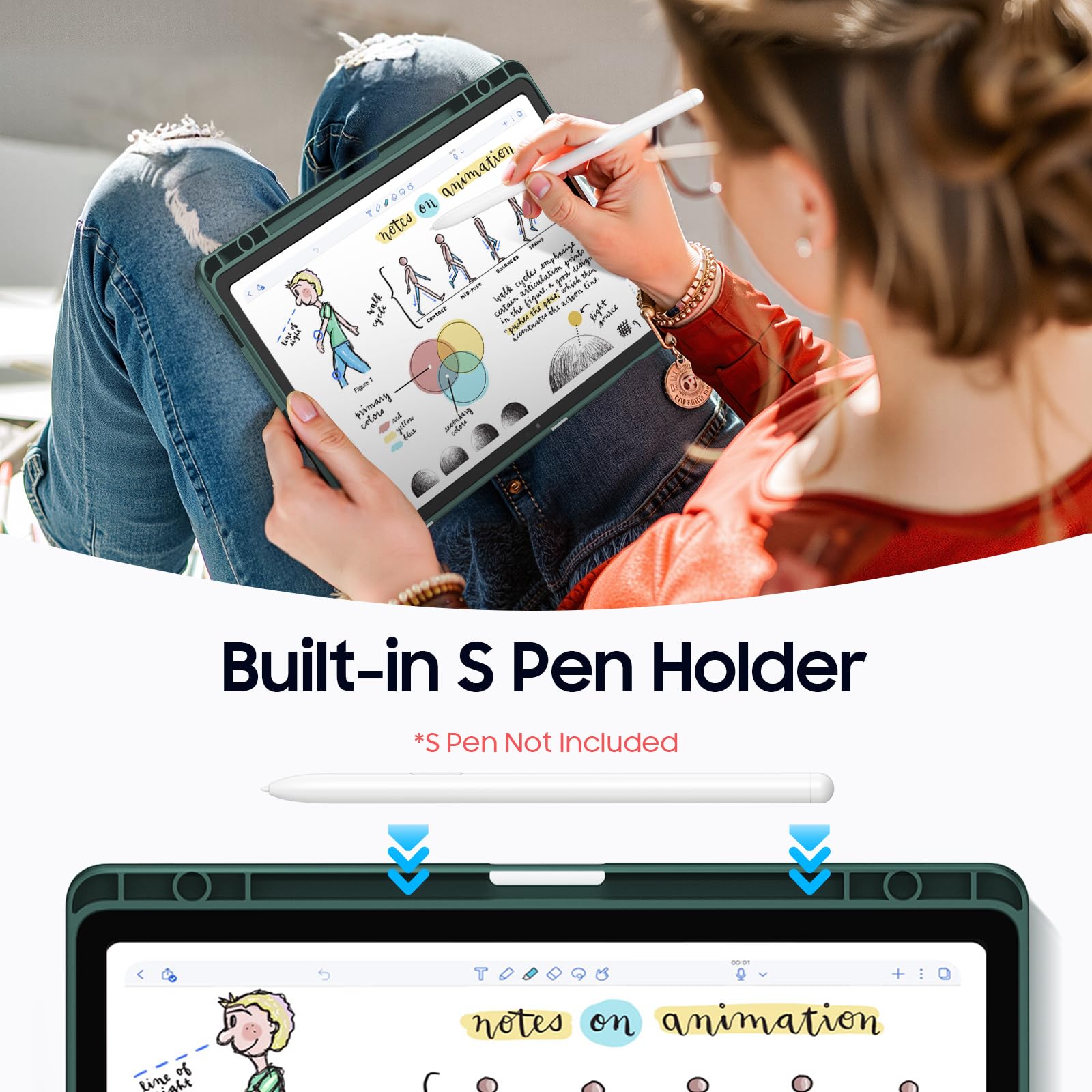 Fintie Hybrydowe etui do tabletu Samsung Galaxy Tab S9 FE 10,9 cala/Tab S9 11 cali 2023 z uchwytem na długopis - odporne na uderzenia etui ochronne z przezroczystą twardą obudową z tyłu, kolor zielony | Odporne na uderzenia etui ochronne z przezroczystą t