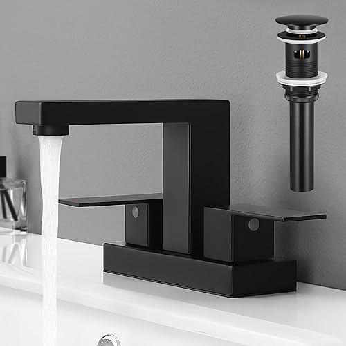 KES Grifo de baño negro de 4 pulgadas con tapón de fregadero de baño sin desbordamiento, acero inoxidable SUS304, certificado NSF sin plomo,