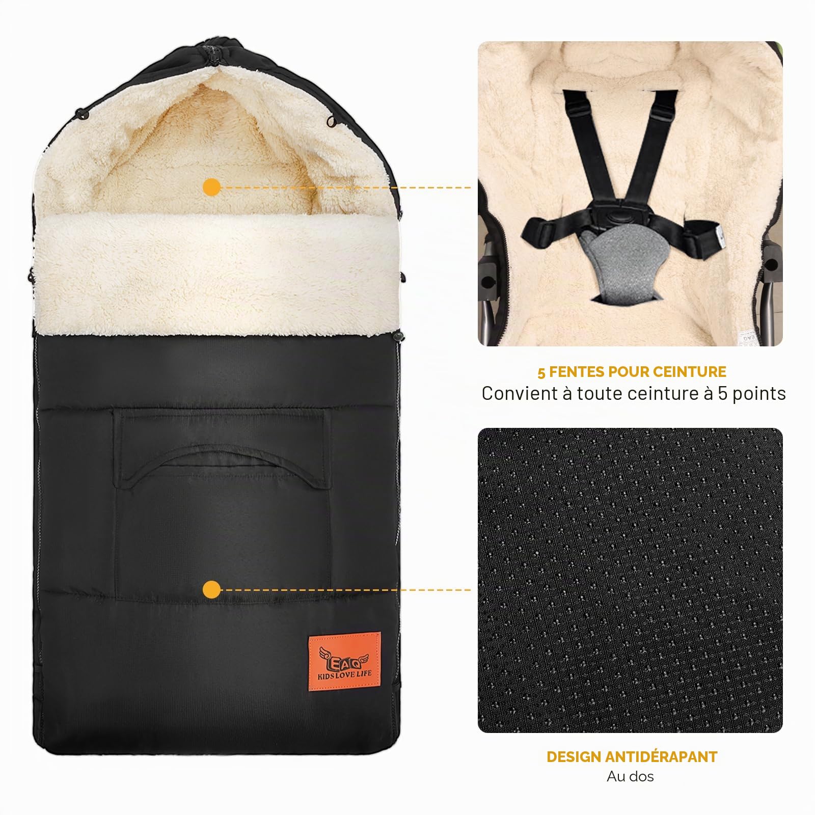 EAQ Chancelière Universelle pour Poussettes Chancelière pour Bébé Fermeture éclair Bidirectionnelle Amovible Doublée de Polaire (Noir + Gants 2)