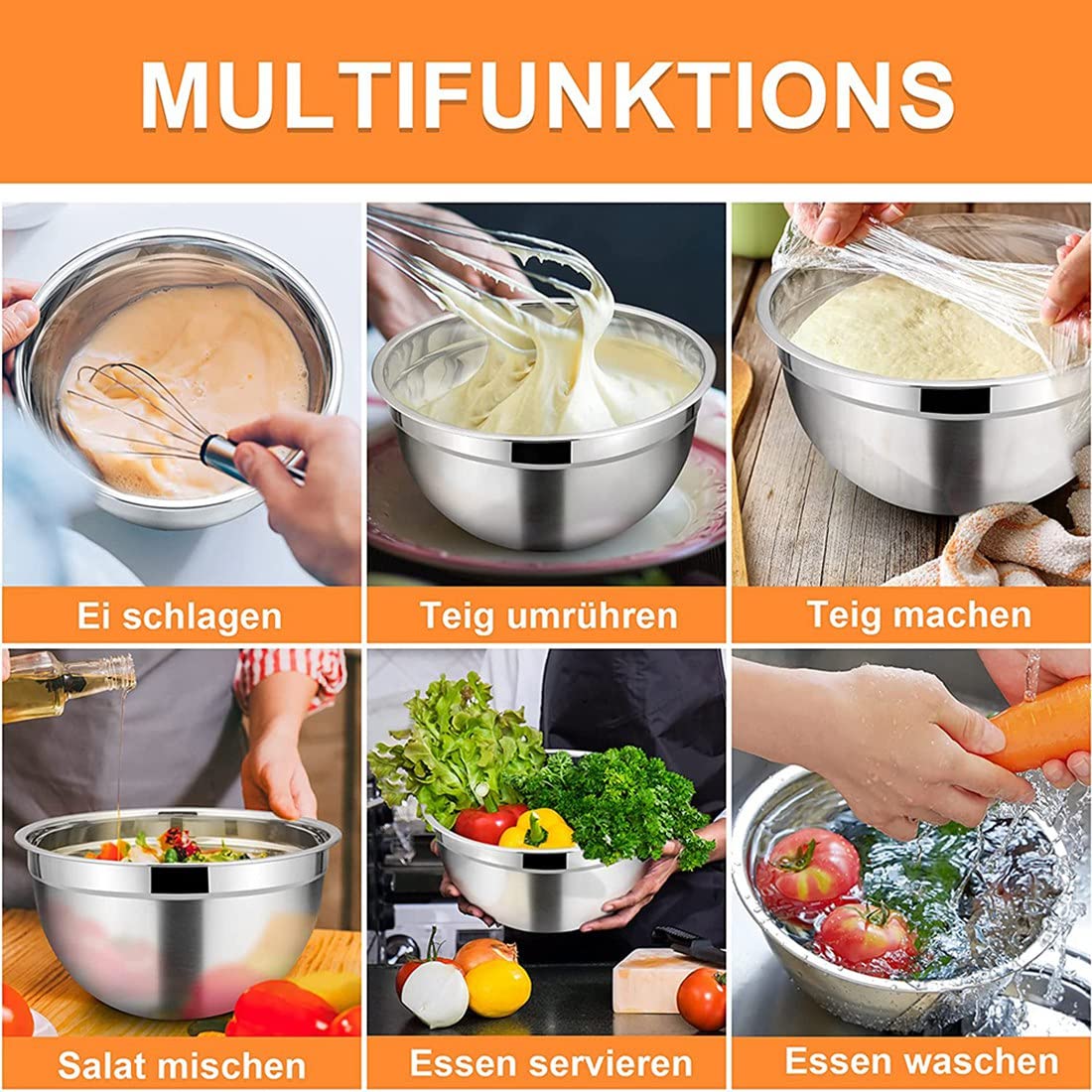 Set di 5 ciotole impilabili in acciaio con coperchio ermetico, per cucina, cucina, cottura, cottura ecc