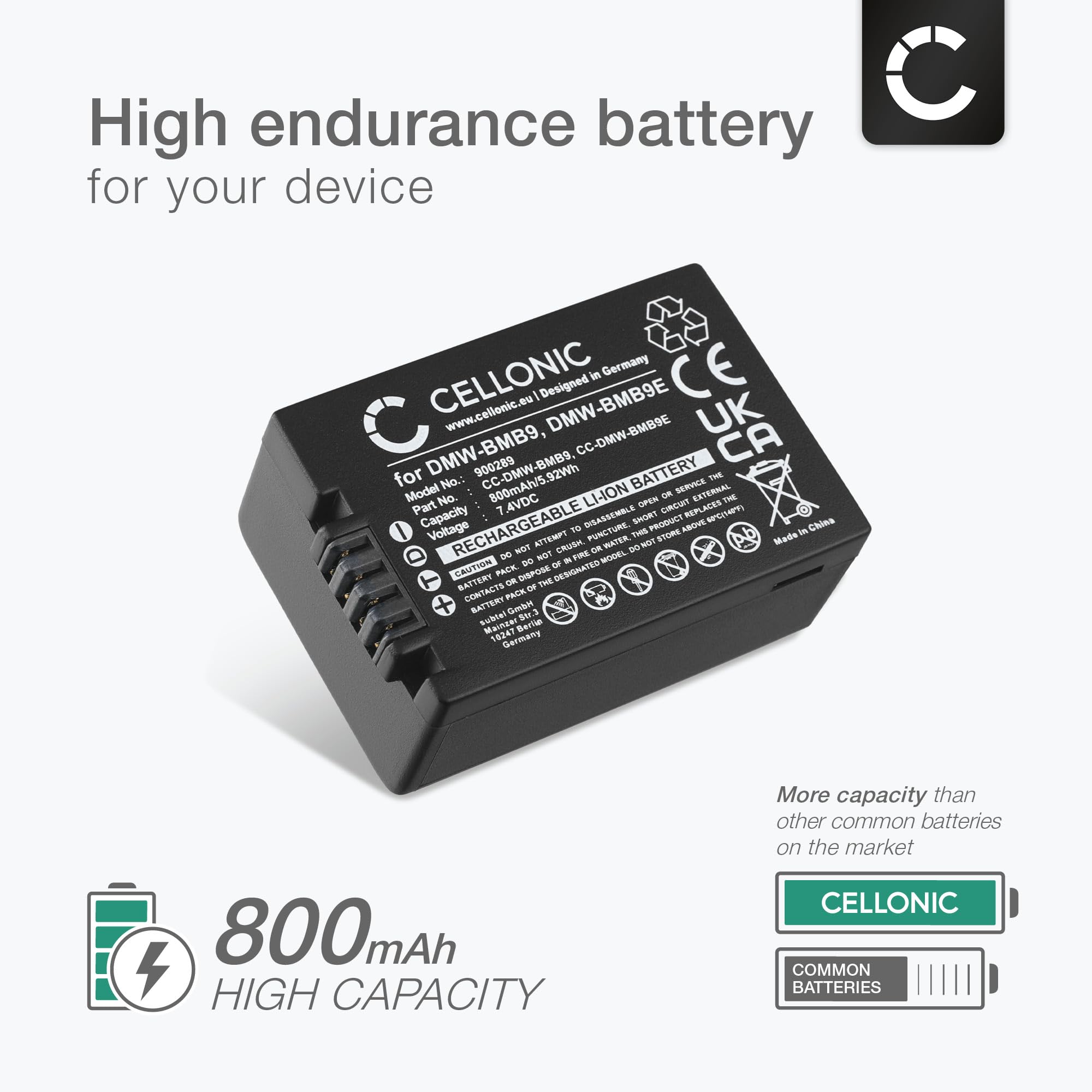 CELLONIC 1x Batería para Cámara Compatible con Panasonic Lumix DC-FZ82, Lumix DMC-FZ72, Lumix DMC-FZ150, DMW-BMB9 - (800mAh, 7.4V)