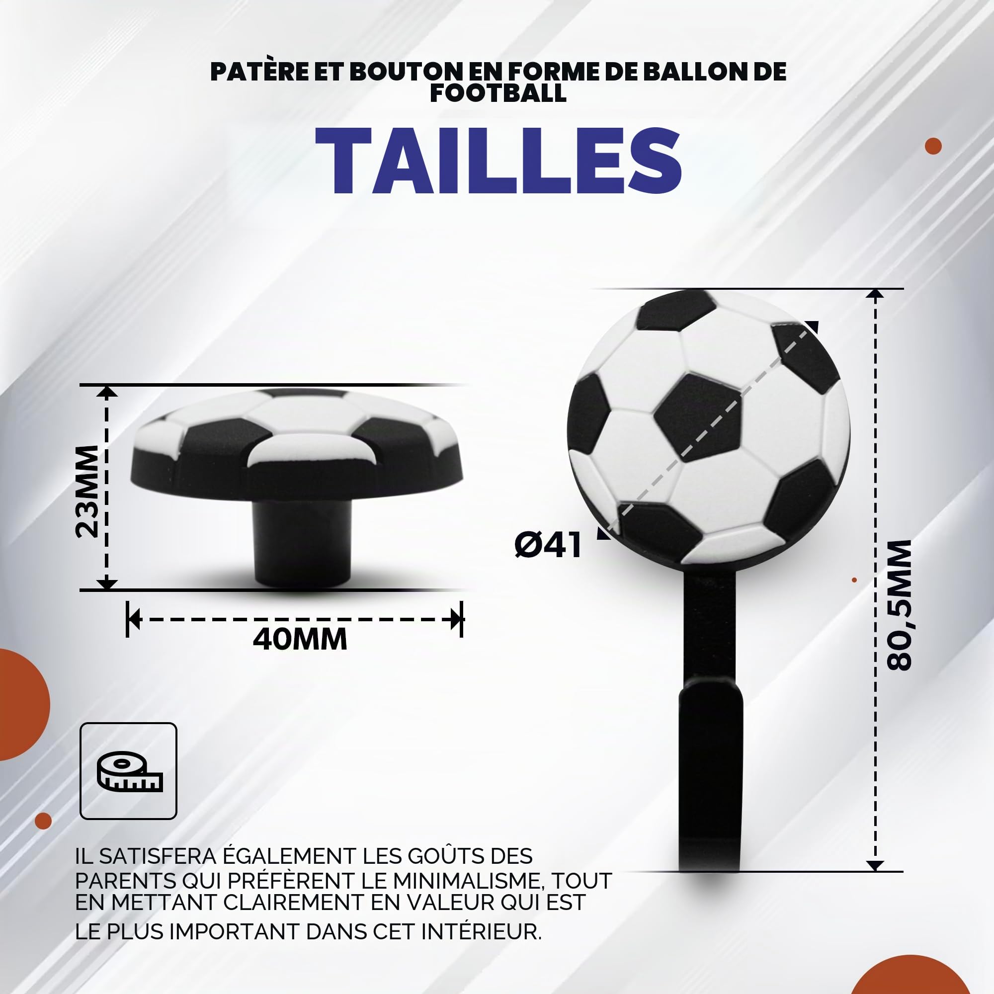 DOJA Barcelona | Porte Manteau et Bouton de Tiroir Enfant | 8 Crochets et 8 Boutons Forme Football | Caoutchouc et Zinc-Aluminium | pour Decoration Chambre, Porte Manteau Mural