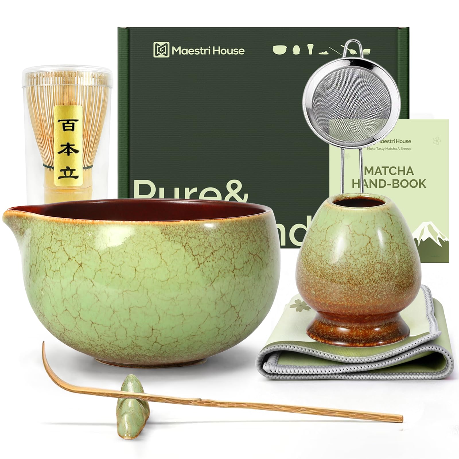 Maestri House Matcha Set - 7-Teiliges Matcha Zubehör mit Ausgießer Japanisches Matcha Besen Set - Matcha Whisk, Schaufel, Sieb, Matcha-Besenhalter, Matcha-Besenständer - Moosgrün