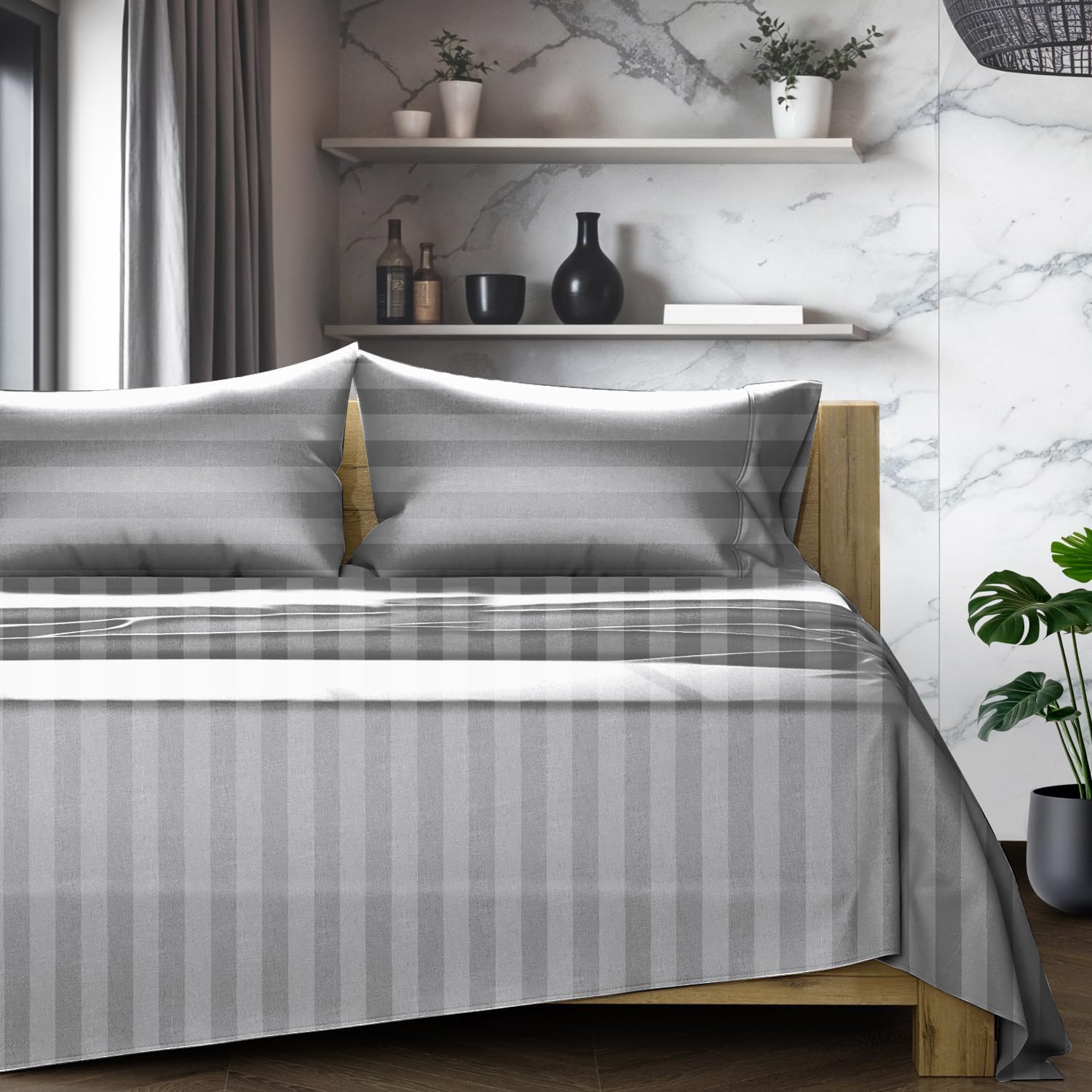 TEXAS LINEN CO. 100% Egyptian Cotton Sheets Queen Size - Luxury 1200 Series Damask Queen Sheet Set Egyptian Cotton (4 PC, Dark Grey Stripe), 17" Deep Pocket, Soft, Cooling Sateen Hotel Bedding Set