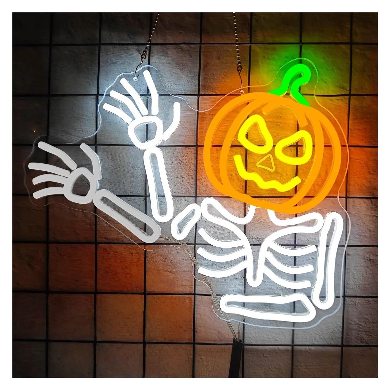 RONGCH Hanging Art Neon Signs Waving Skeleton Pumpkin Neon Sign Dimmable Wall Decor for Halloween Window Party Game Room 30.8x37.8cm