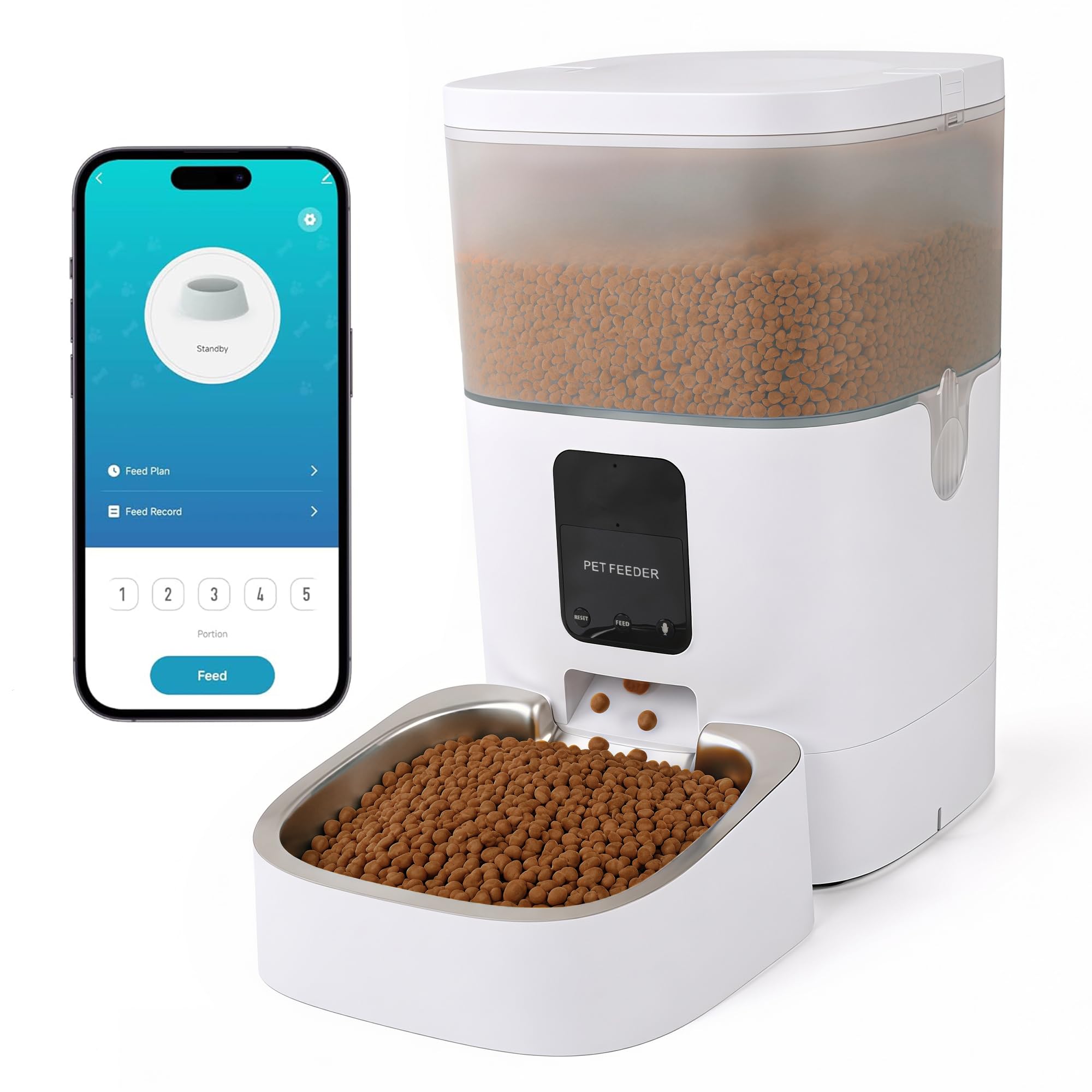 Futterautomat Katze, 4L Katzenfutter Automat, 2,4 G WiFi Katzen Futterautomat mit APP Steuerung, Futterspender Katze mit Edelstahlnapf für Katzen & Hunde, Weiß