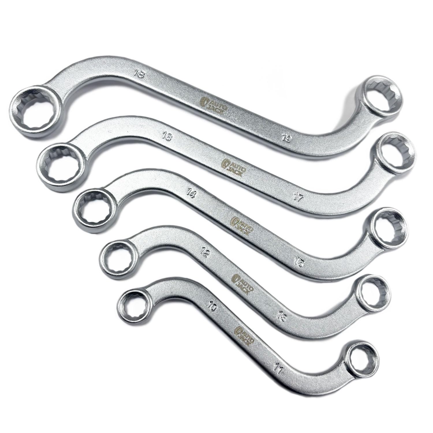 Autojack Silver S Type Spanner Set Double Ring Box End Shape Metric Obstruction 5 Piece 12 Point Set 10Mm To 19Mm In Chrome Vanadium Steel Satin Finish