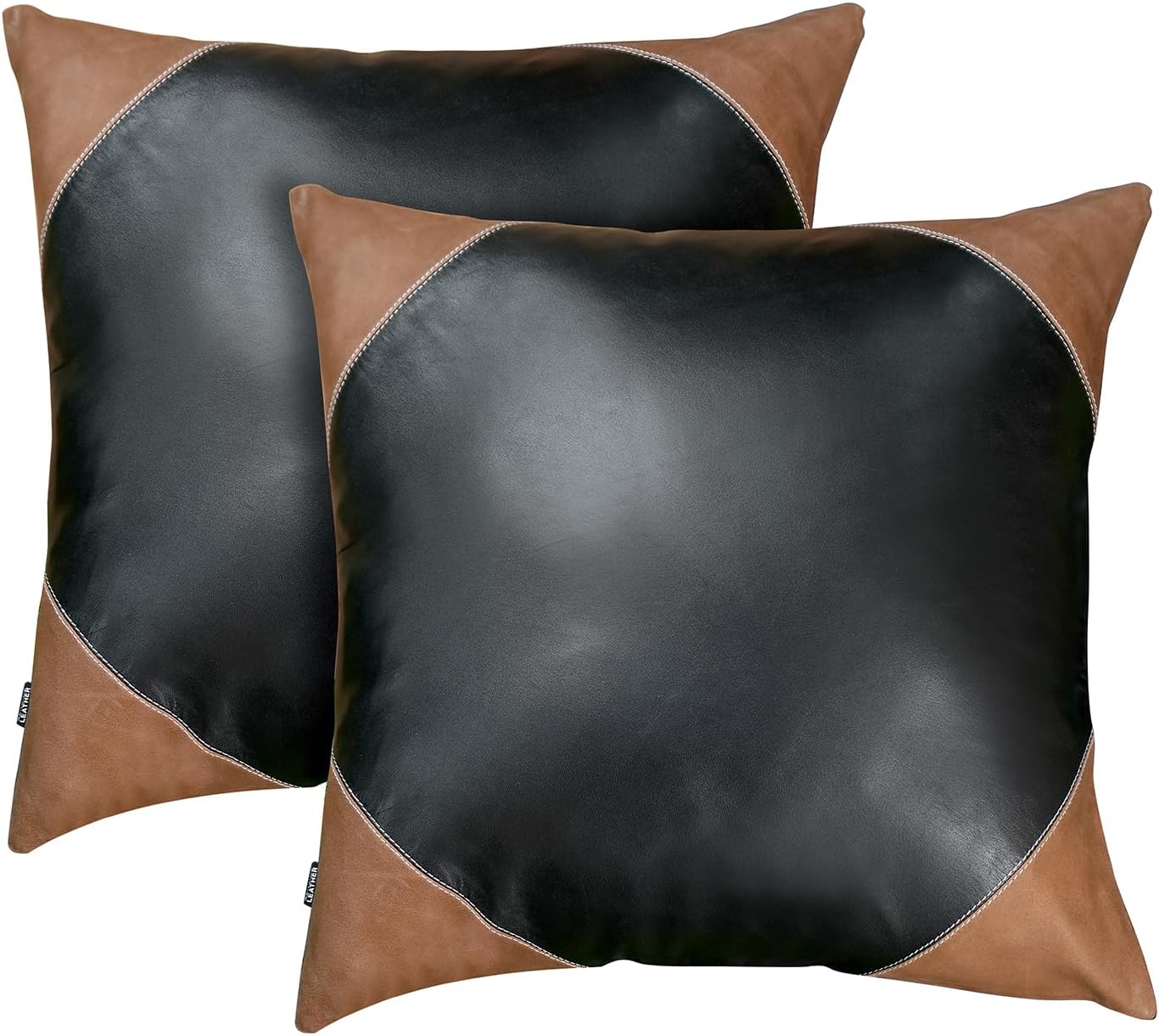 TOMJACK Lambskin Leather Pillow Cover - Decorative Sofa Cushion Case - Throw Covers for Living Room & Bedroom, 20" x 20" - Two Toned Black and Brown Pack of 2