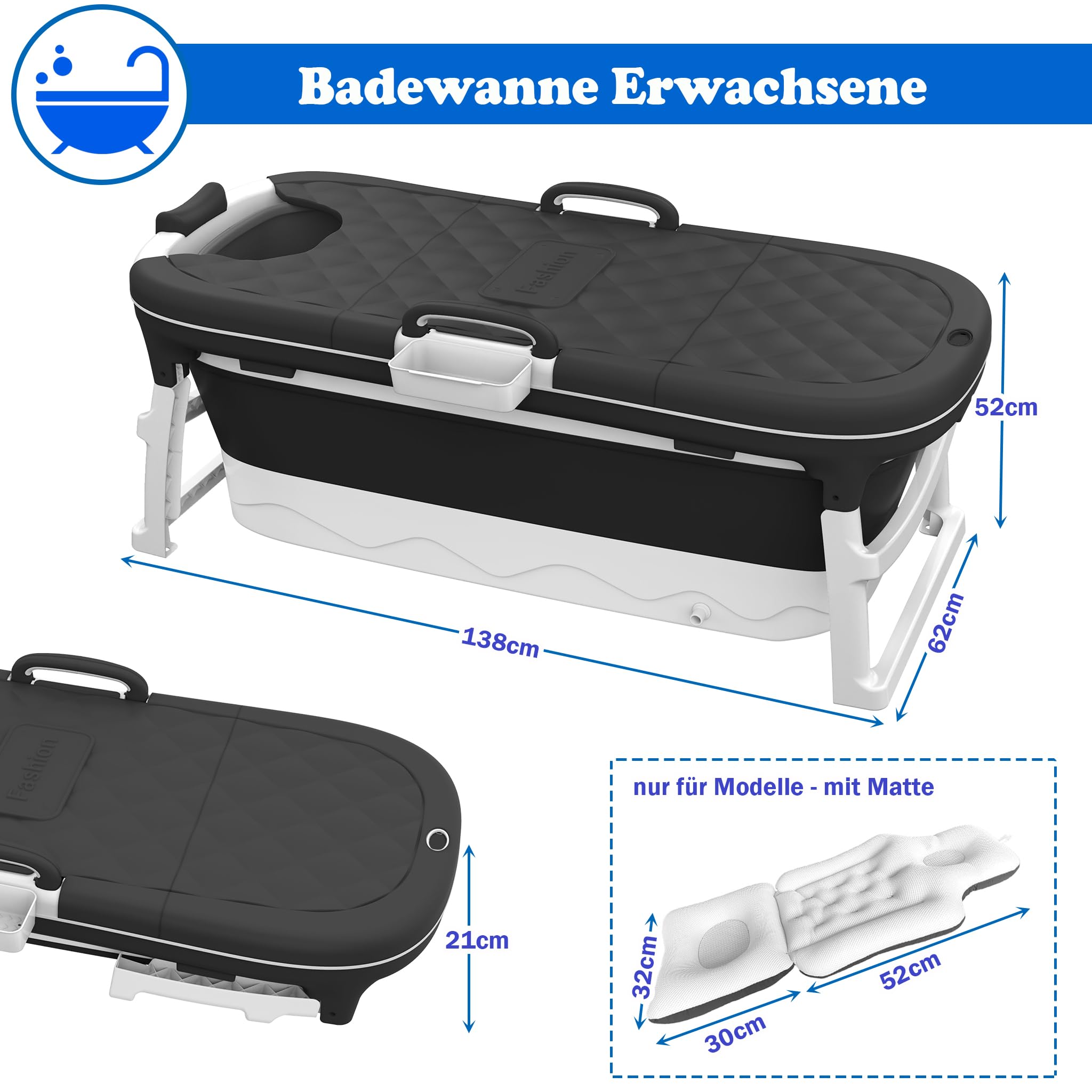 SUBTLETY Vasca da bagno pieghevole portatile per adulti, con copertura rimovibile, rullo per massaggi, cestino per sapone e manico, 138 x 62 x 52 cm, per piccoli bagni SPA (senza tappetino da bagno)