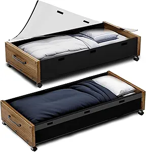 Under Bed Storage with Wheels, 2 Packs Wooden Storage Containers Extra Large Underbed Shoes Organizer, Rolling Under Bed Storage Drawers with Clear Lid, Heavy Duty for Clothes Toys 36"L (Walnut)