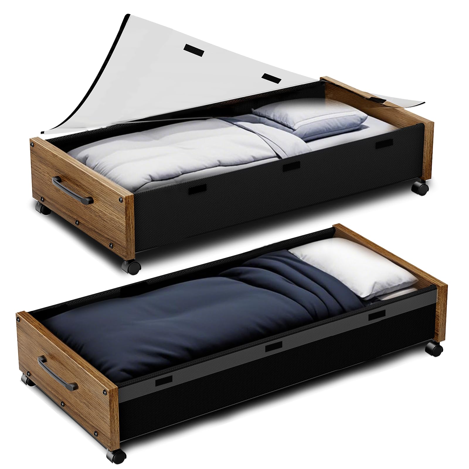 Unterbettkommode mit Rollen, 2 Packungen Holz-Aufbewahrungsbehälter, extra großer Unterbett-Schuh-Organizer, rollbare Schubladen unter dem Bett, Schubladen mit transparentem Deckel, strapazierfähig