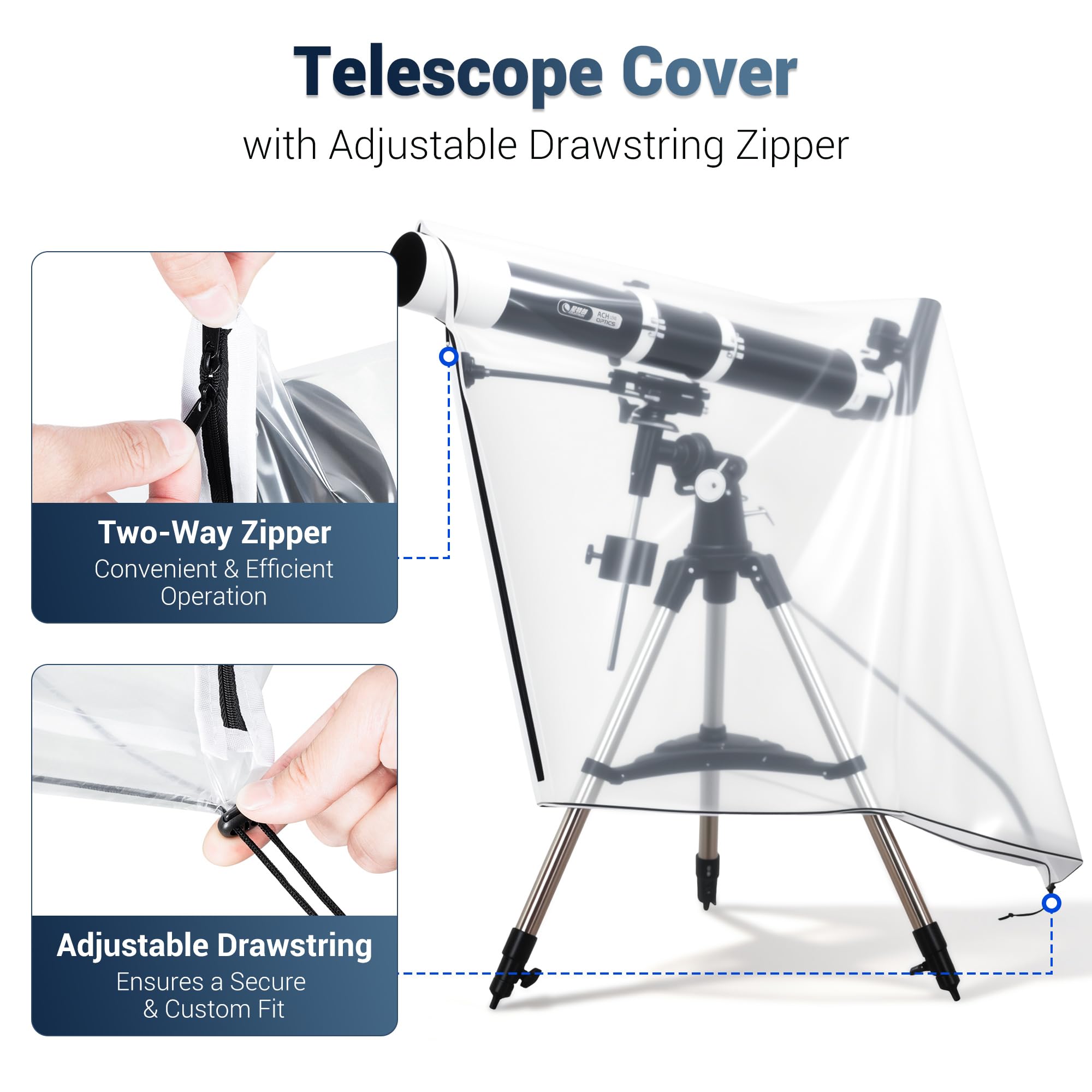 2PCS Telescope Cover Teleskop Abdeckung, 148,5 x 86cm Wasserdicht Staubdicht Transparent mit verstellbarem Kordelzug und Zwei Reißverschlüssen für große astronomische Teleskope