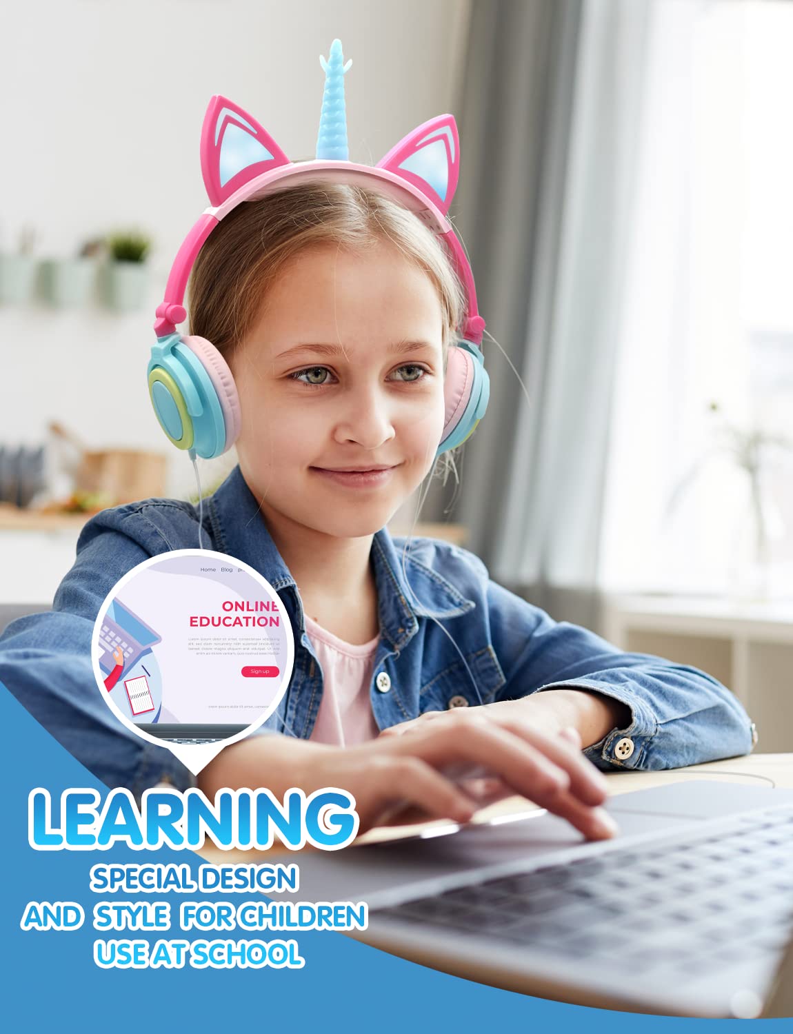 ONTA Auriculares para Niños con Orejas de Gato Iluminados con LED Plegables sobre Oído, Auriculares Resplandor Unicornio para Niños para la Escuela, la Casa, Cable Sin Enredos (Polvo Azul)
