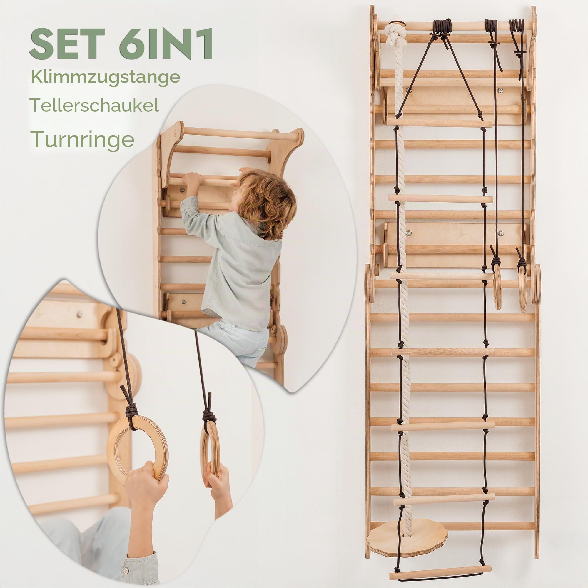 Goodevas Holz Indoor Klettergerüst für Kinder – Montessori Kletterrahmen mit Schwedenwand, Rutsche & Dreieckleiter für Kleinkinder und Kinder 2–12 Jahre