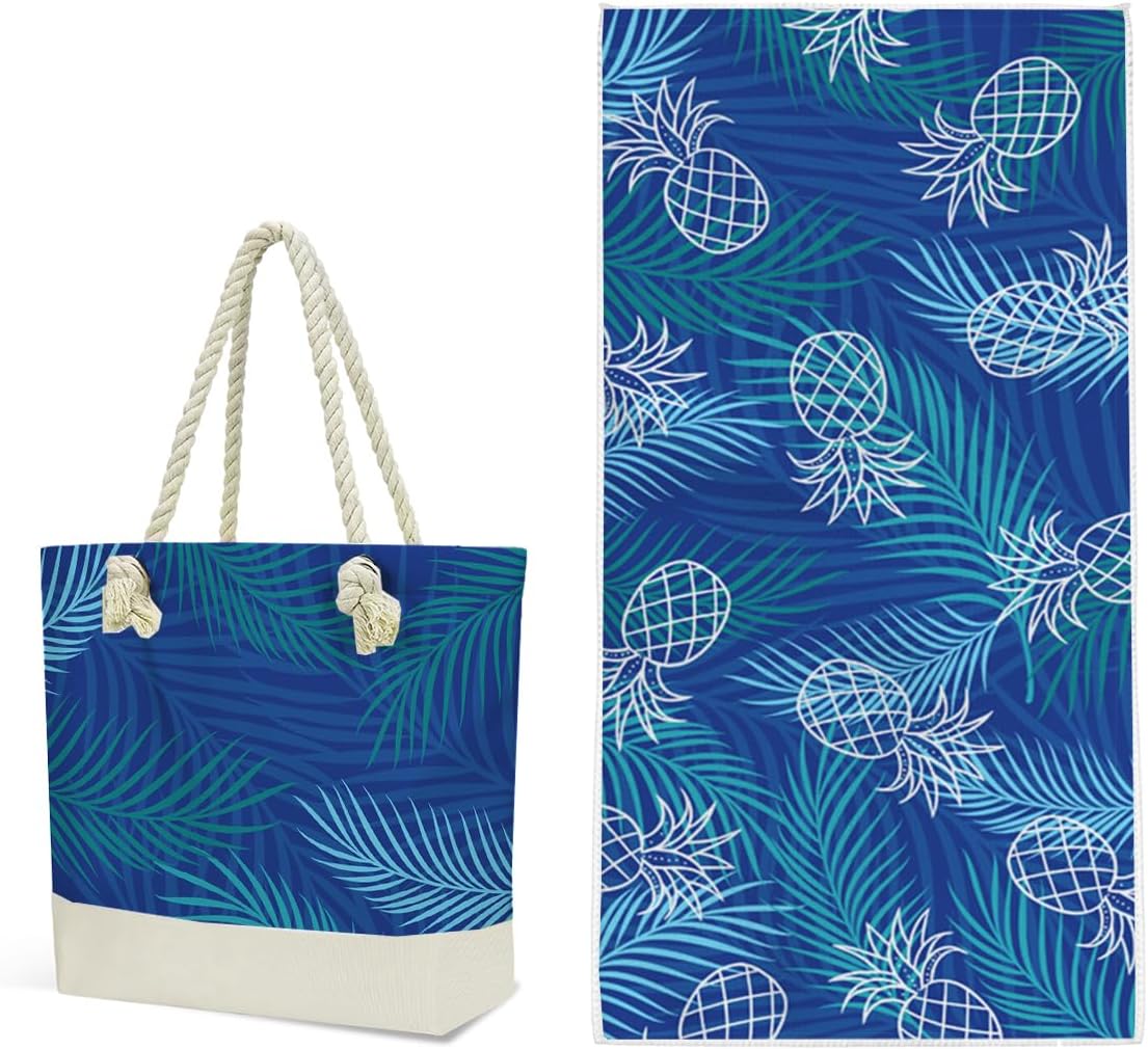 Fokongna Beach Bag and Towel Set, Large Capacity Tote Bag, Lightweight Towel, Pineapple Palm Print, Waterproof Beach Essentials for Travel