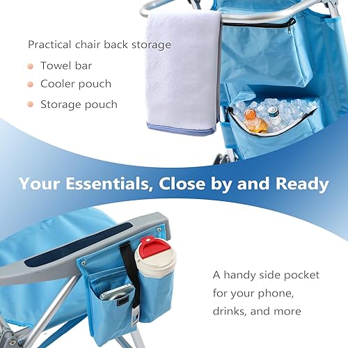 Miniatura 5 de Silla de playa alta plana de aluminio de 5 posiciones, silla de playa compacta portátil para adultos con bolsa enfriadora, bolsa de almacenamiento,