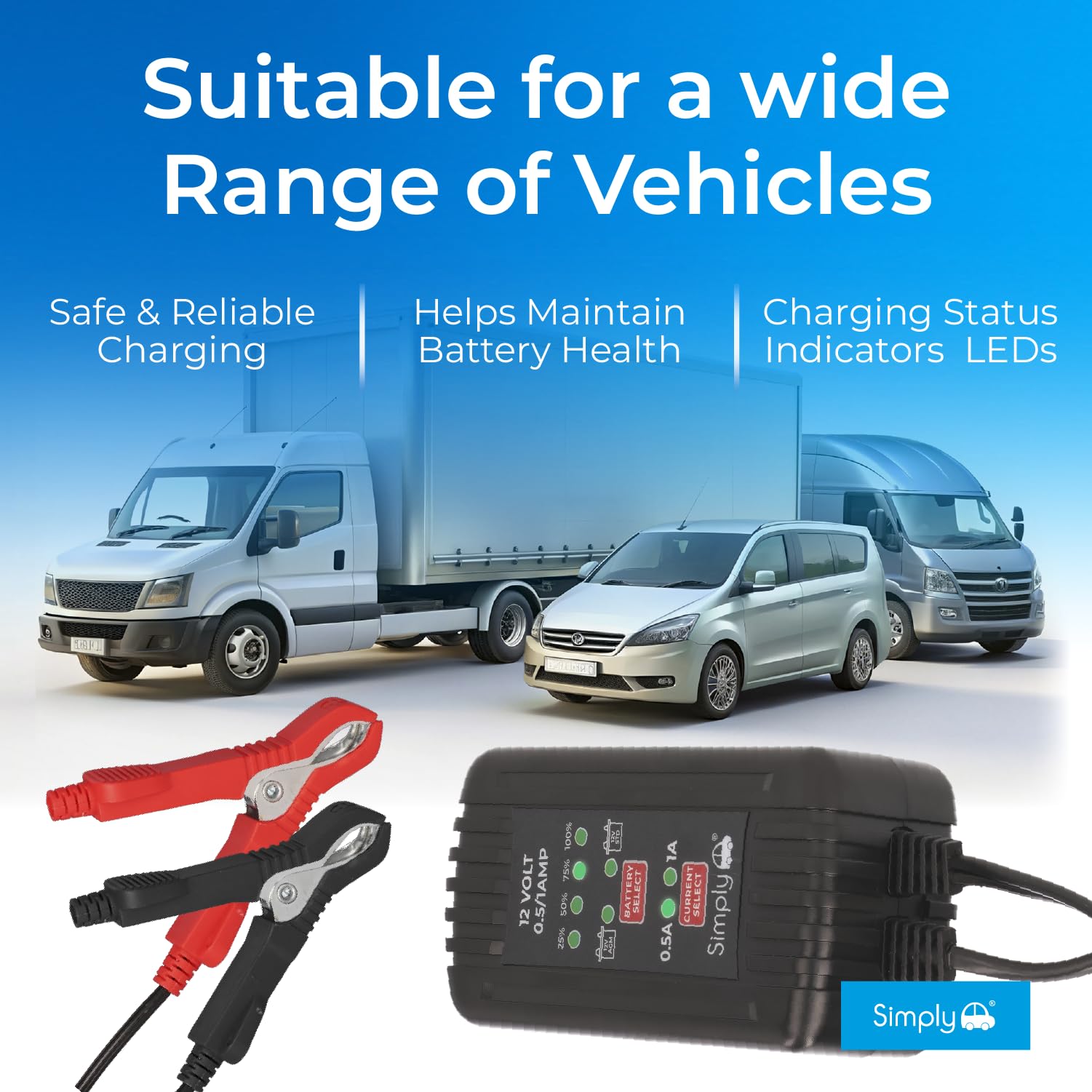 Simply BTC-4004 - Cargador de batería portátil de 0,5/1 A, 12 V, 100 AH, portátil, Ajustable y sin complicaciones, Apto para Todos los vehículos