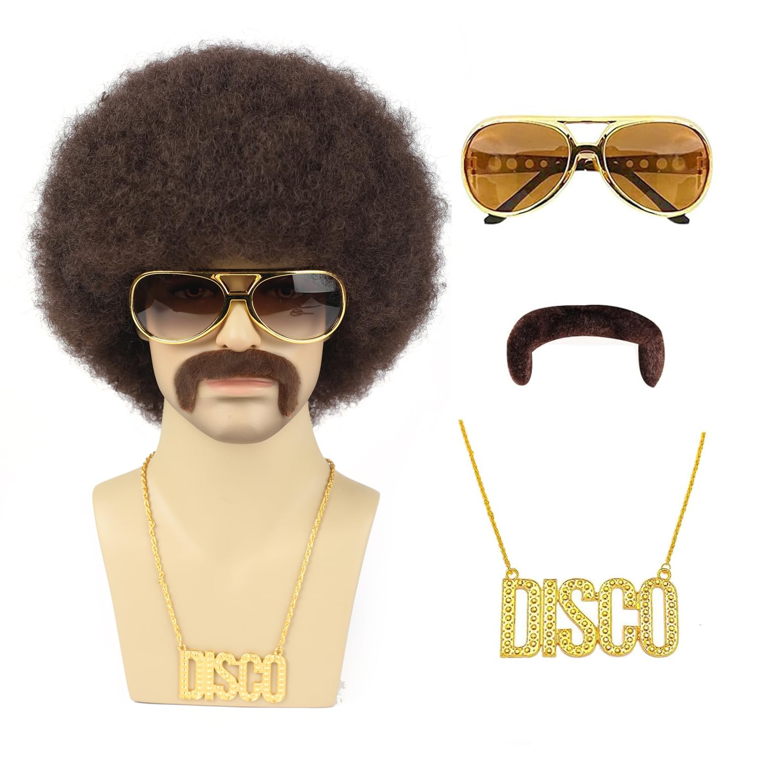 70s Afro Wig for Men 5Pcs Set (Wig+ Glasses+ Necklace+ Mustache+ Wig Cap) Brown Natural Fluffy 70s 80s Afro Disco Wig Curly Synthetic Hair Wig for Halloween Chrismas Cosplay Party Brown-6