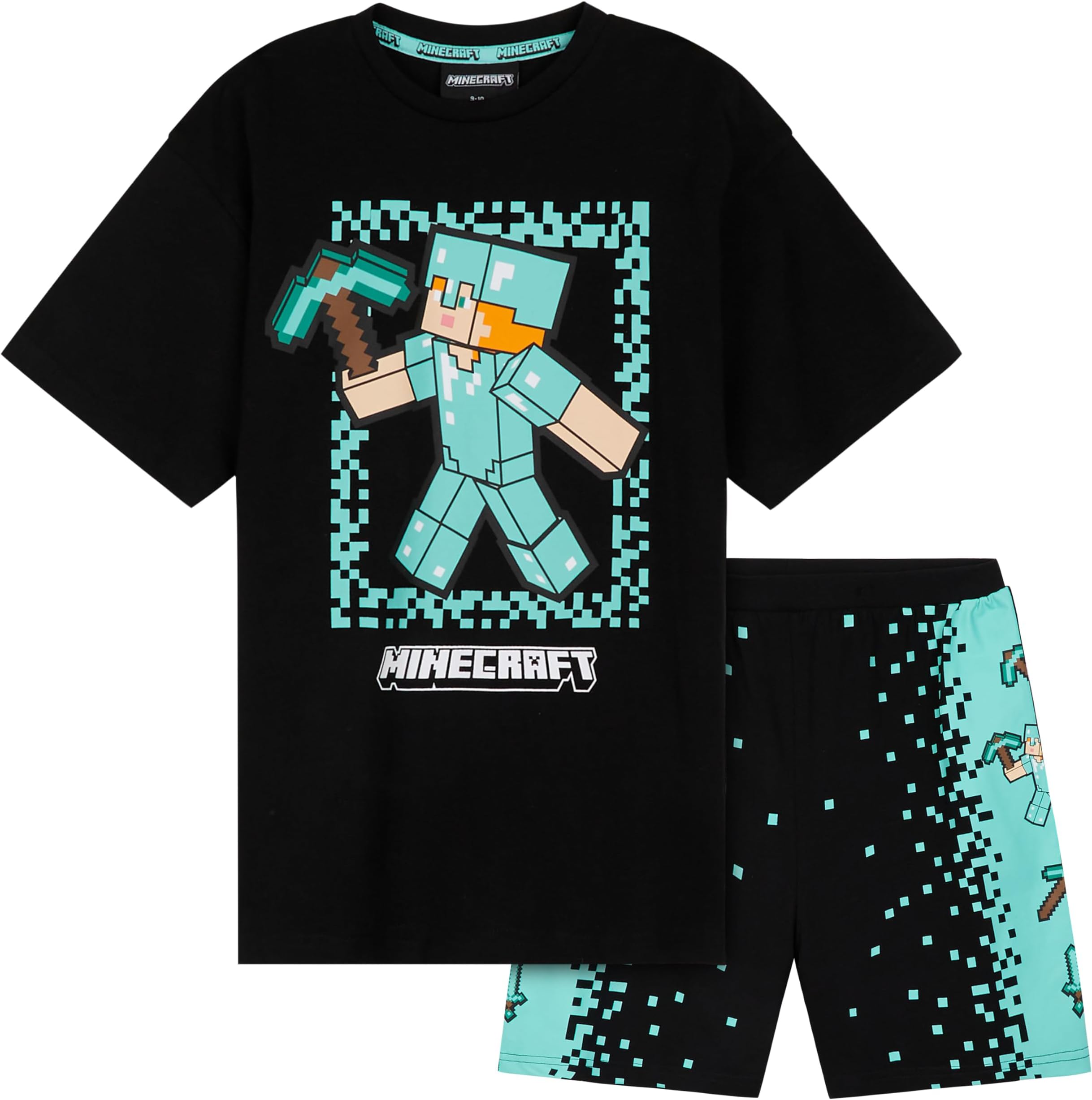 Pajamas Set for Boys with Crew Neck T Shirt and Elastic Waist Shorts, Soft Lounge Wear, Creeper Gifts for Gamers (Black/Blue, 7-8 Years)