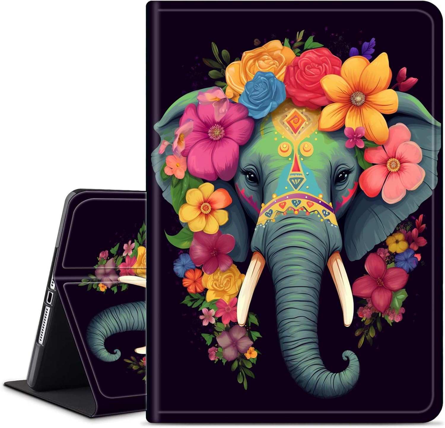 for Microsoft Surface Pro 7 Case,Slim Smart PU Leather Adjustable Stand Protective Cover with Auto Wake/Sleep for Microsoft Surface Pro 6/5/4,an Elephant Wearing Flowers