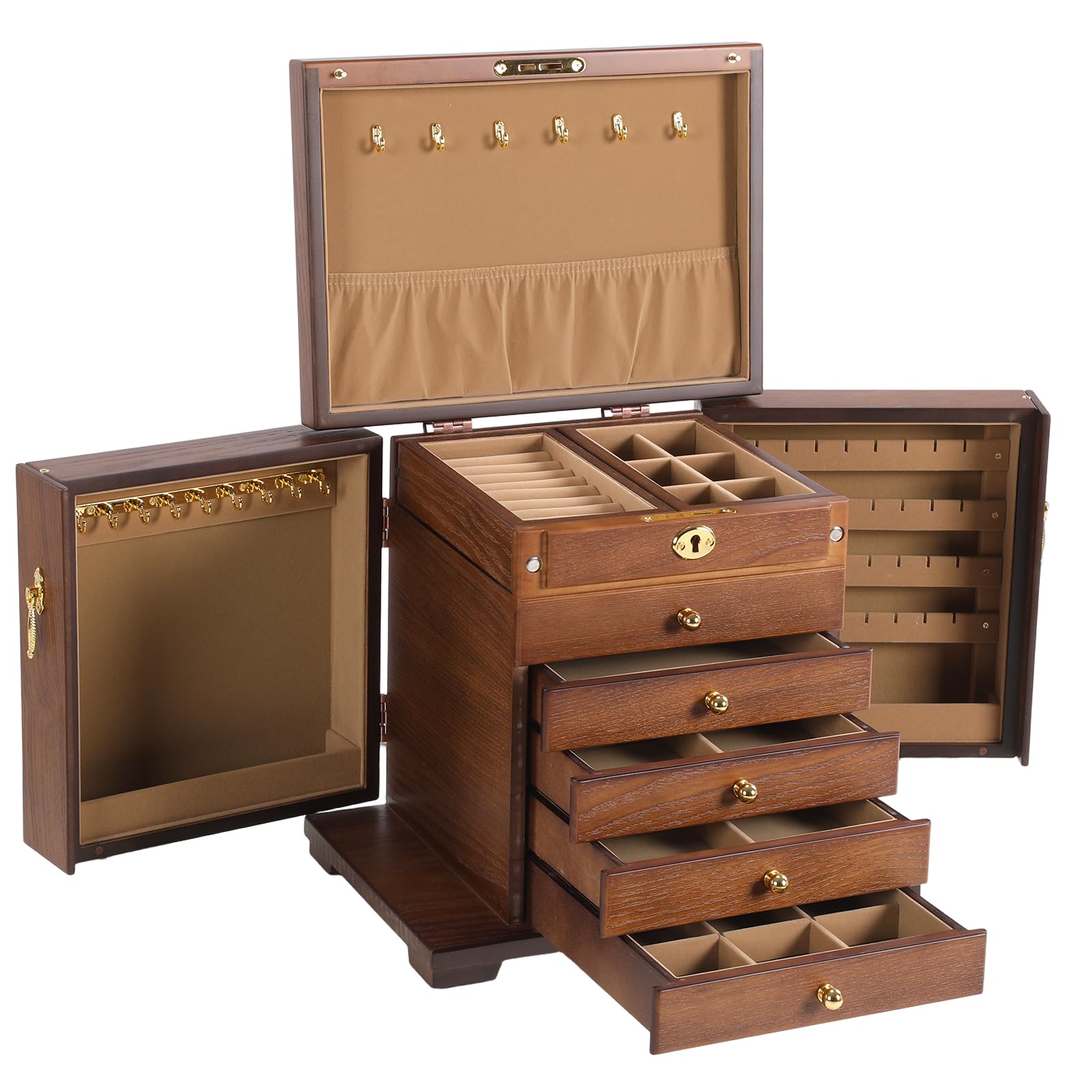 Jewelry Organizer Box for Women Girls 6 Layer Rustic Wooden Jewelry Storage Organizer with Lock for Earrings Necklaces Rings Bracelets