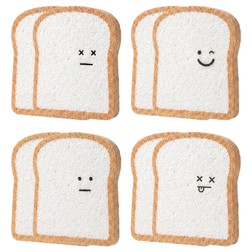 Bread Sponges, Toast Shaped Compostable Kitchen Scrubber Pads, Non-Scratch Dish Sponge Set (4Pcs) (8pcs-Big Eyes/Smiling face/X face/toot face)