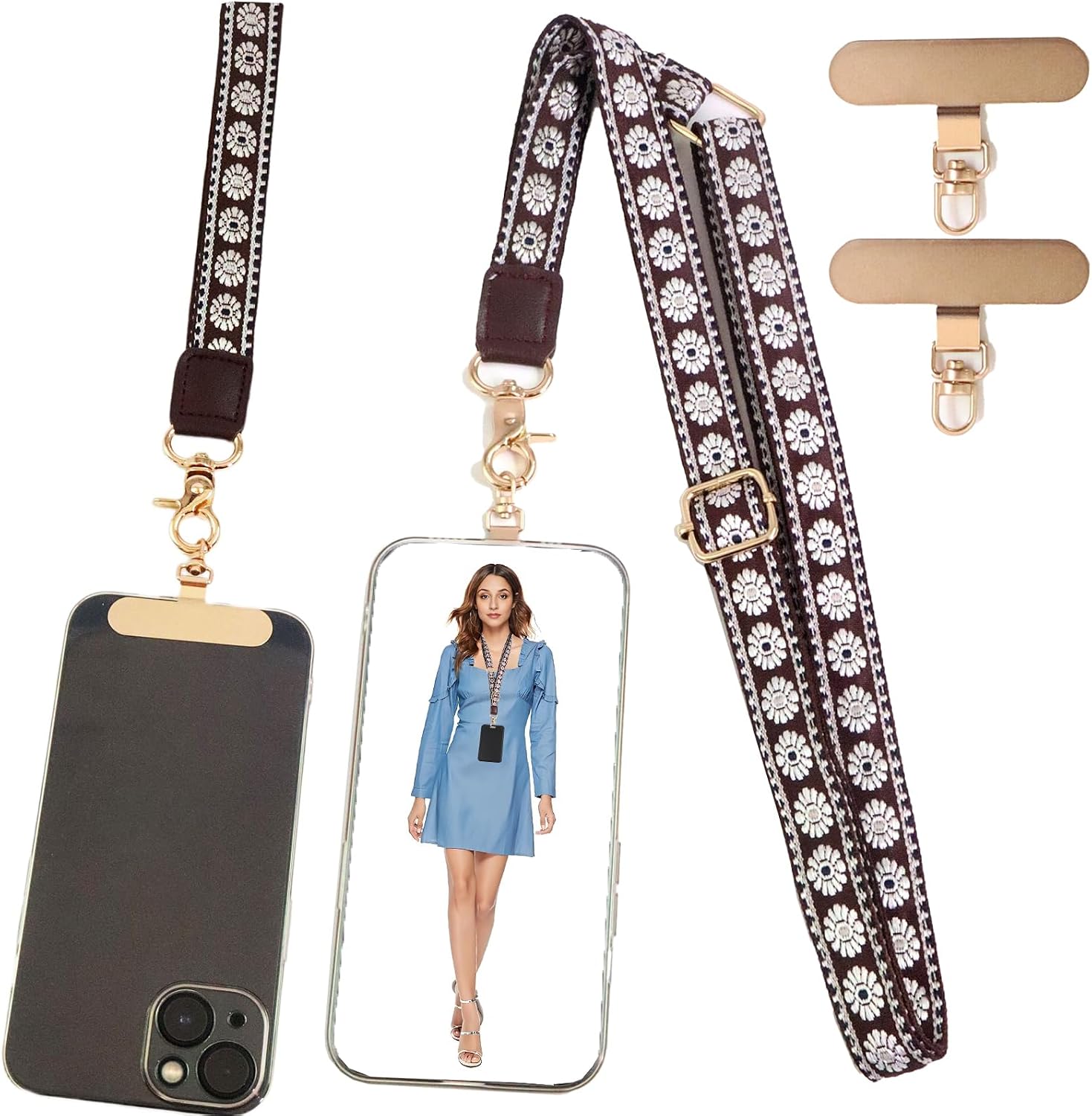 LEMEDE Phone Charm Lanyard, Gold Buckle Adjustable Crossbody and Wrist Strap with 2pcs 360-Degree Rotatable Phone Pad