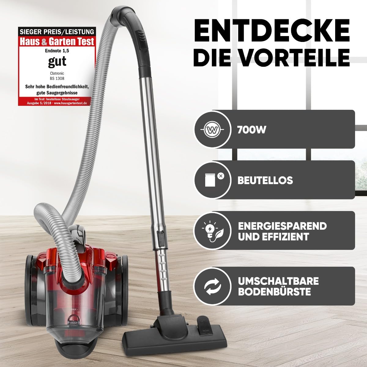 Clatronic Bodenstaubsauger mit energiesparenden 700 Watt | Staubsauger mit 4-Fach Mikrofiltersystem | Sauger ohne Beutel | Inkl. HEPA-Filter | Metall-Teleskoprohr | Umschaltbare Bodenbürste | BS 1308