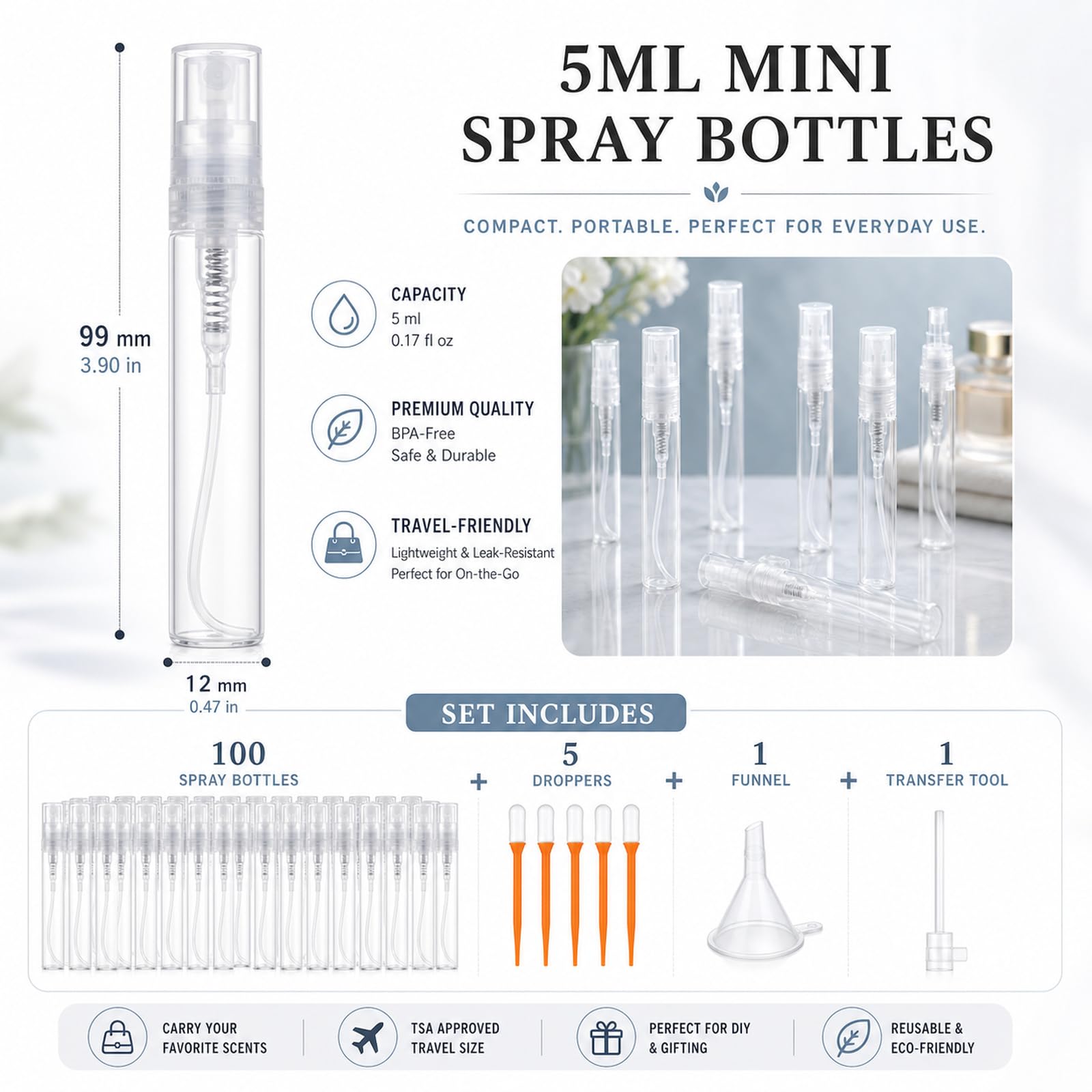 STARVAST 100 Pezzi 5ml Spruzzatore per Profumo, Mini Spruzzatore a Nebbia Fine Trasparente, Spruzzatore Vuoto 5ml, Flaconi per Campioni di Profumo, con Dosatore a Goccia
