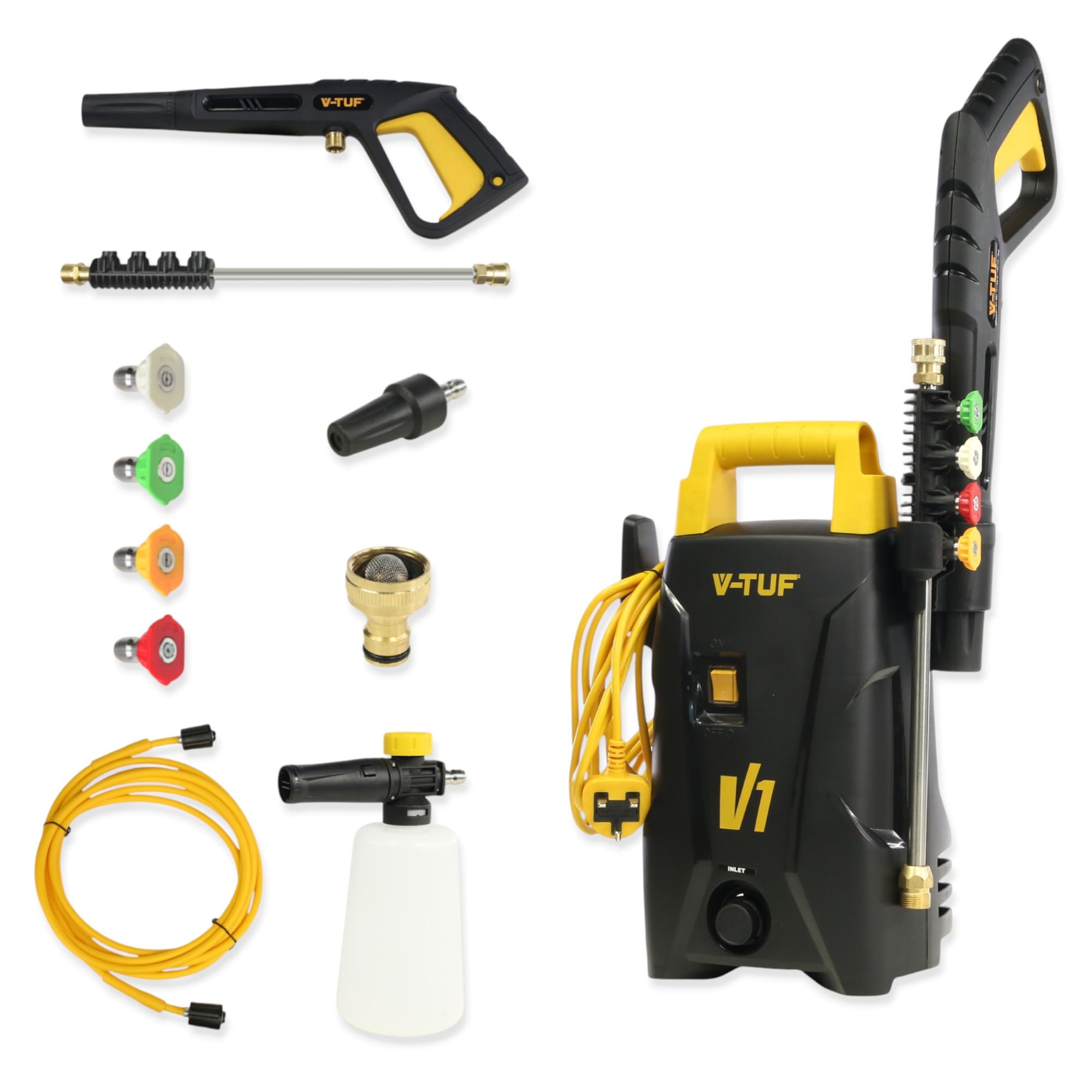 V-TUF Portable Pressure Washer V 1, Pressure: max. 105 Bar, Flow Rate: 6.5L/min, Weight: 8.5kg, high-pressure hose, metal lance, snow foam bottle, 5 quick-release nozzles with carrying handle