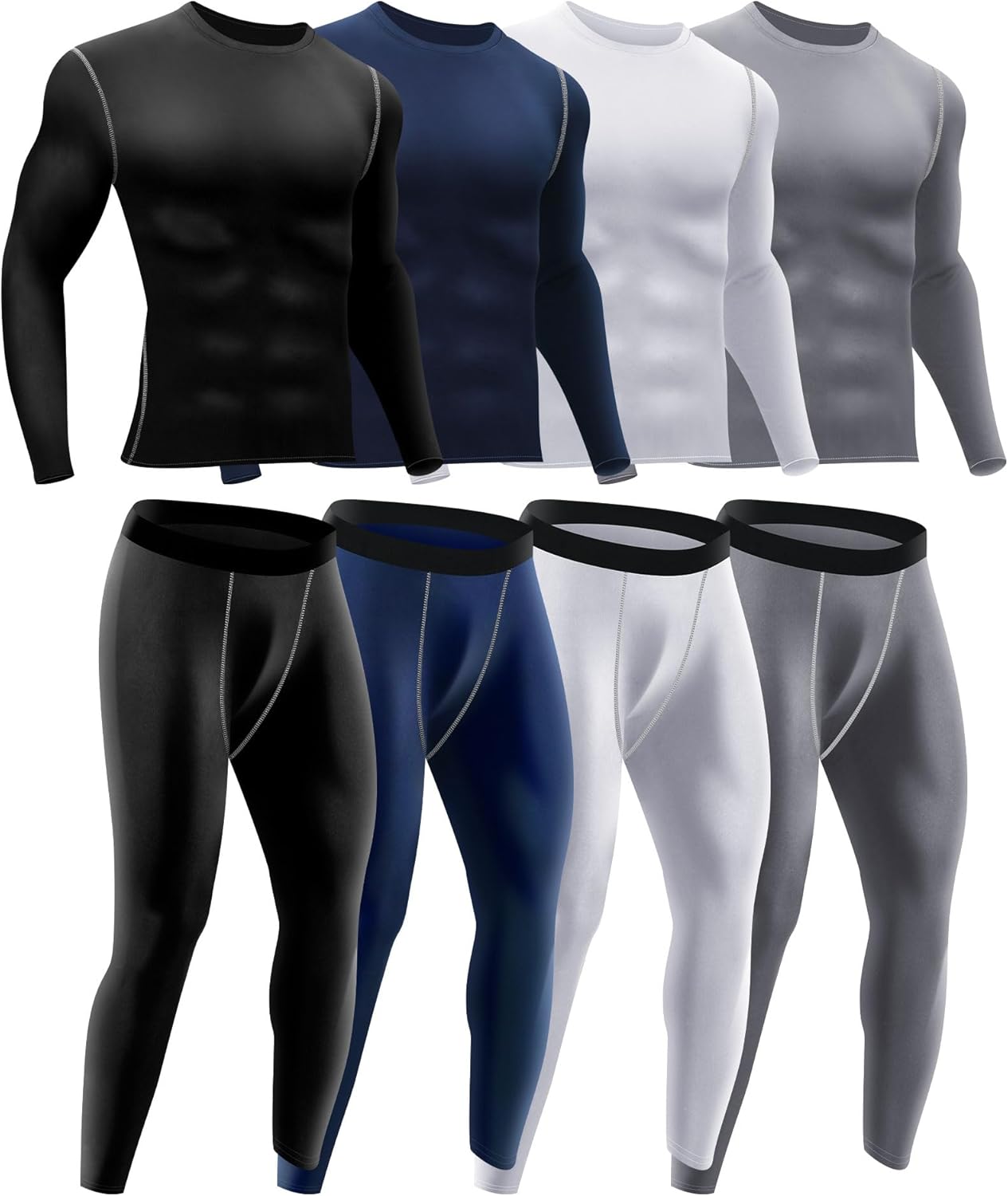 Hicarer 4 Set Men’s Workout Compression Shirts Pants Set Long Sleeve Winter Thermal Underwear Base Layer Top Bottom