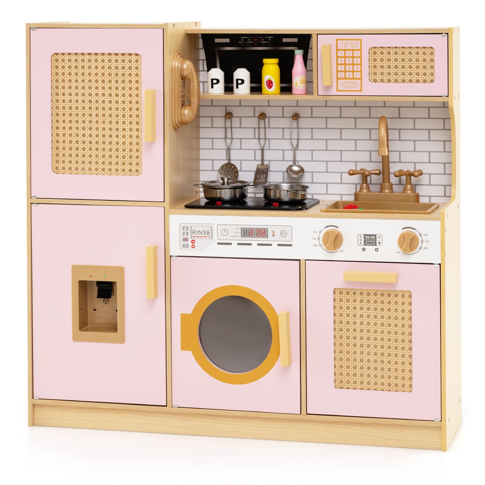 RELAX4LIFE Cucina Giocattolo per Bambini, Effetti Sonori e Luminosi, Gioco Cucina in Legno con Frigo, Microonde, Forno, Lavatrice, Mini Cucina per Bambini 3-6 Anni (Rosa)