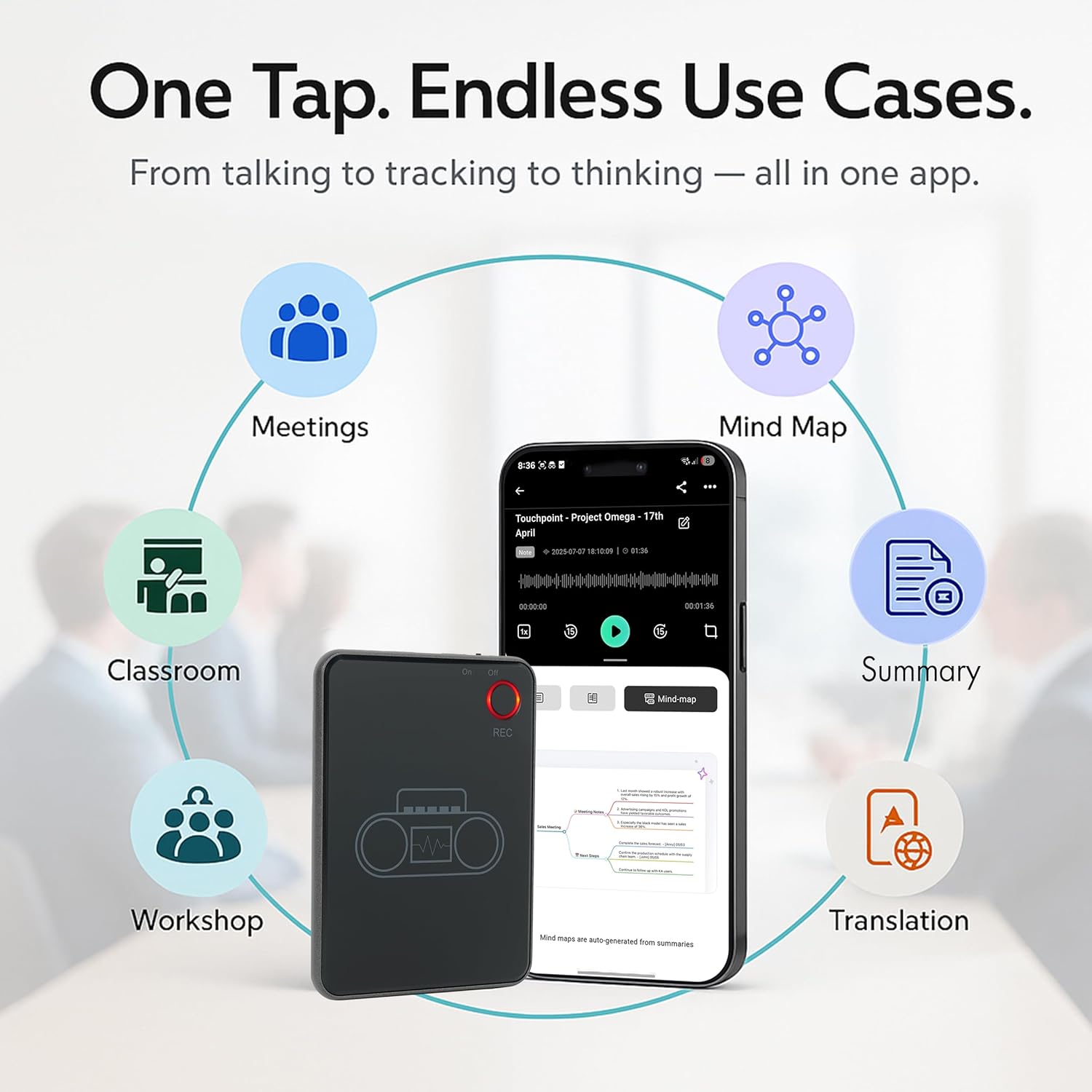 LIMU AI Voice Recorder with App Control - 13h Recording Device, 64GB AI Note Taking Device - GPT 5 Translation, Summaries & Mind Maps (125 Languages), 400 Min/Month, Audio Recorder with Transcription