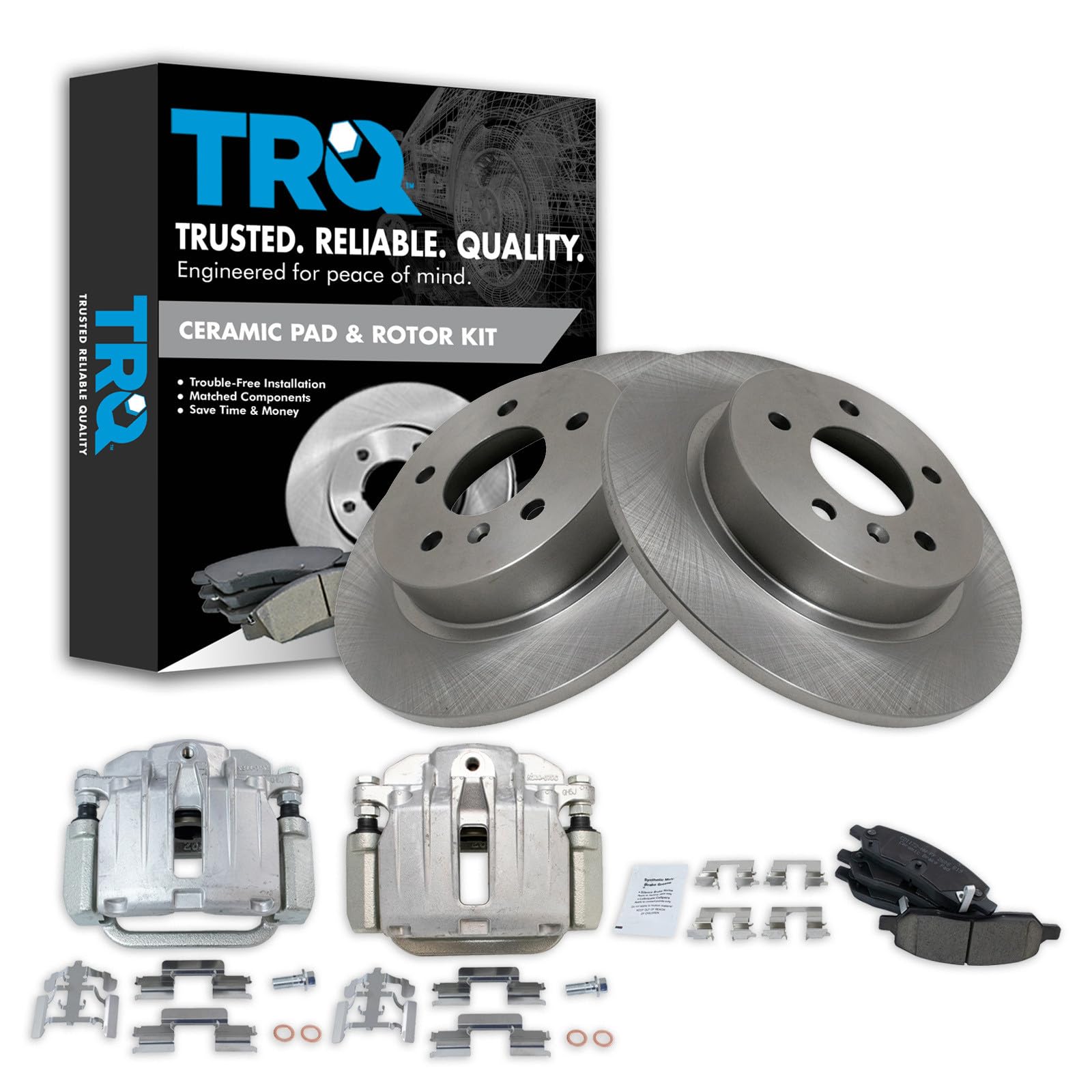 TRQ Rear Brake Pad and Rotor Set Ceramic Solid Rotors Calipers