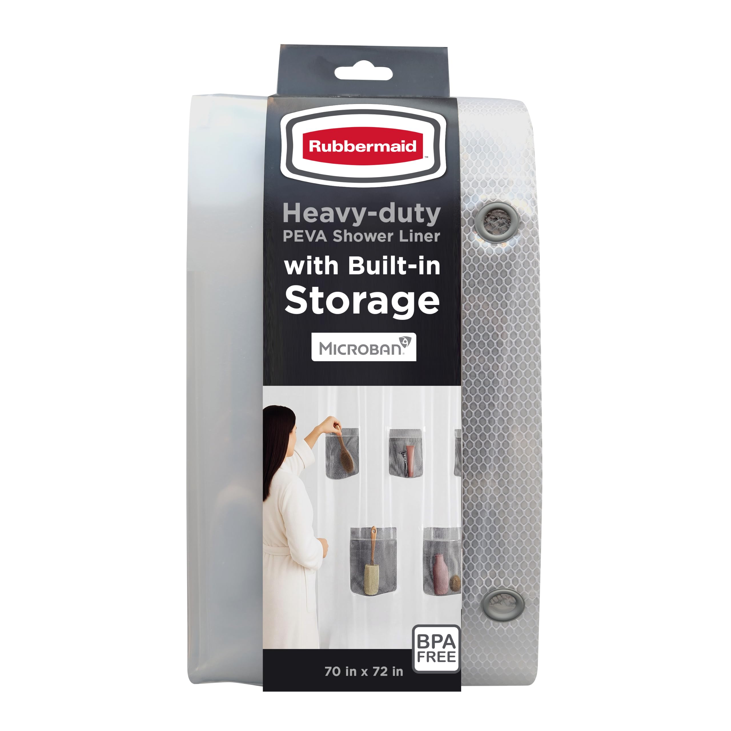 Rubbermaid Frosty Waterproof Shower Curtain Liner w/ 5 Storage Pockets,Heavyweight 8g PEVA Shower Liner for Bathroom,with Black Rustproof Grommets&amp;Pockets, Standard Size,Frosty,70"W x 72"L (Pack of 6)