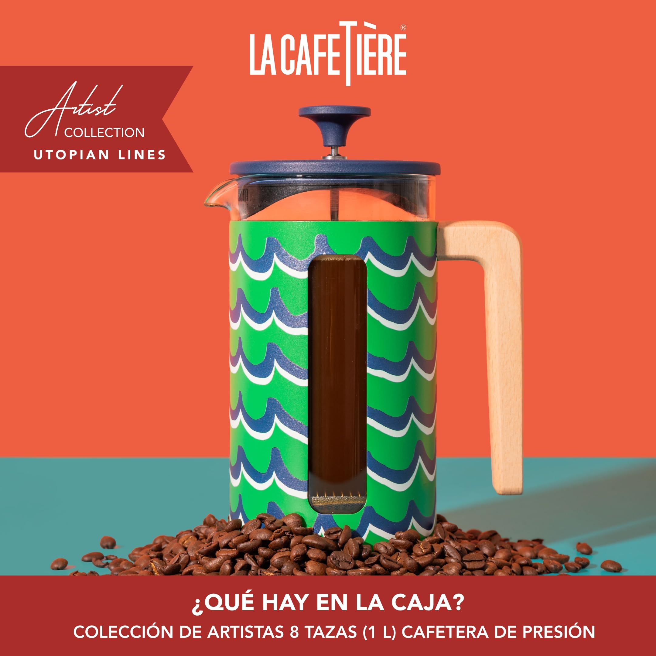 La Cafetière Pisa - Cafetera grande de prensa francesa con diseño de remolino, cafetera de cerámica resistente al calor de 1 L con émbolo de fácil agarre, té suelto y café molido, Cyan Tides