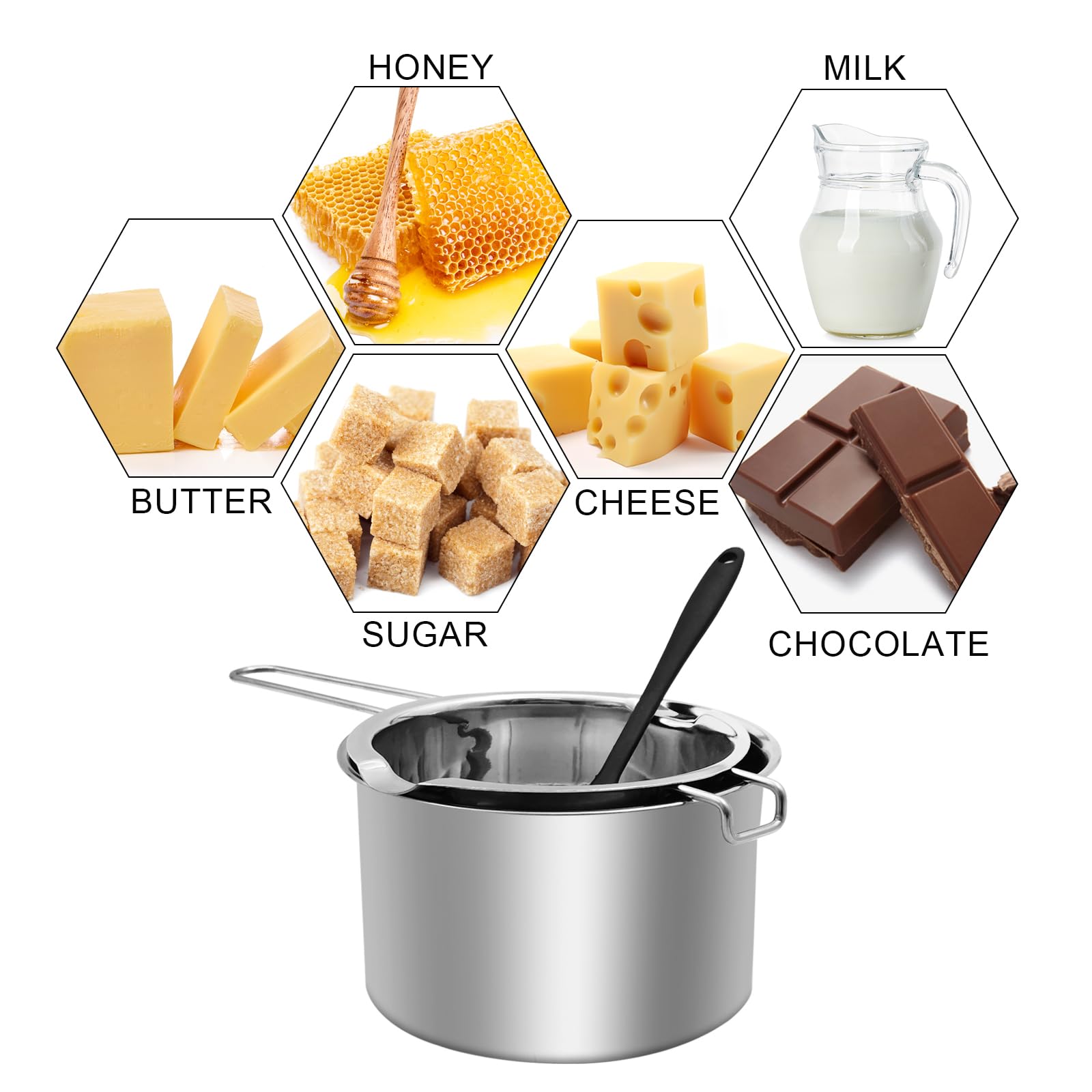 Juego de ollas de doble caldera de acero inoxidable con espátula de silicona para derretir chocolate, mantequilla, queso 20.3 fl oz+ 54.1 fl oz 6