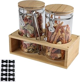 Geyecete dog treat container dog treat jar Wood Dog Food Storage Holder with 2 Jars Airtight glass Dog Treat Storage With Lids airtight dog treat holder