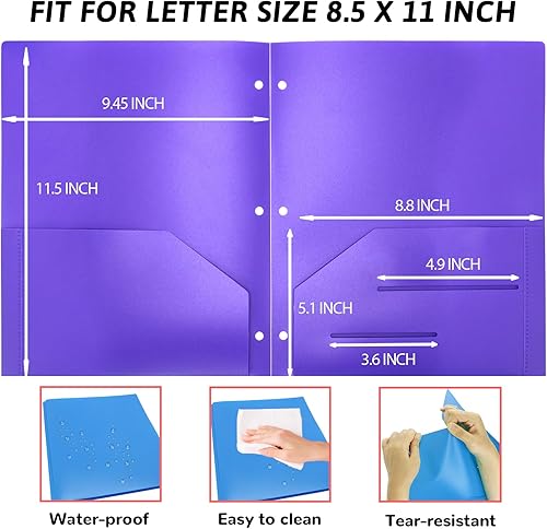 Miniatura 7 de Paquete de 6 carpetas de plástico con bolsillos, 3 agujeros perforados, resistentes con 3 agujeros perforados para carpetas de 3 anillas, carpetas