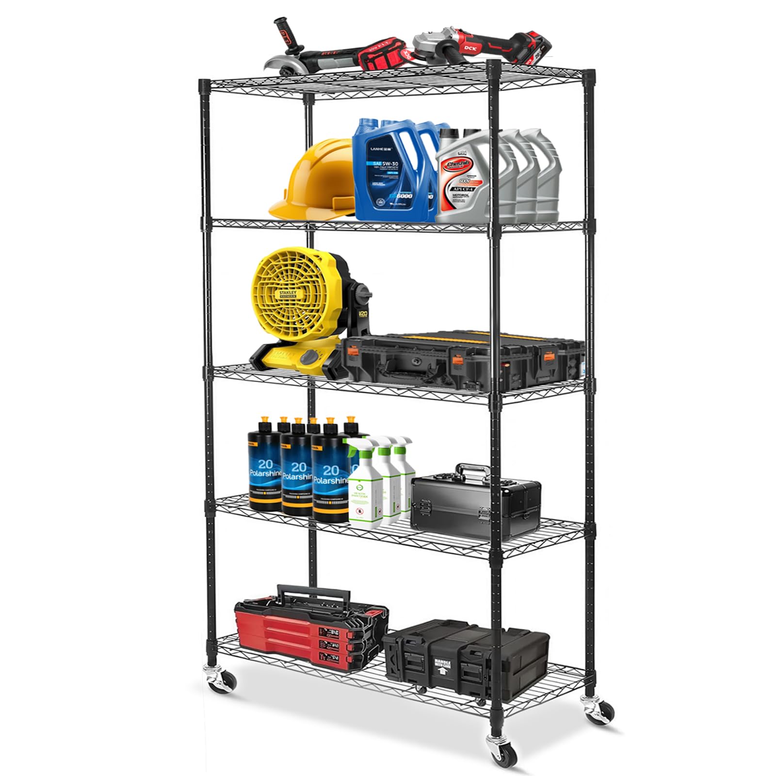 Scaffale a 5 ripiani in filo metallico resistente, con ruote, regolabile, 180 x 91 x 35 cm, per cucina e garage, soluzioni di archiviazione di livello commerciale