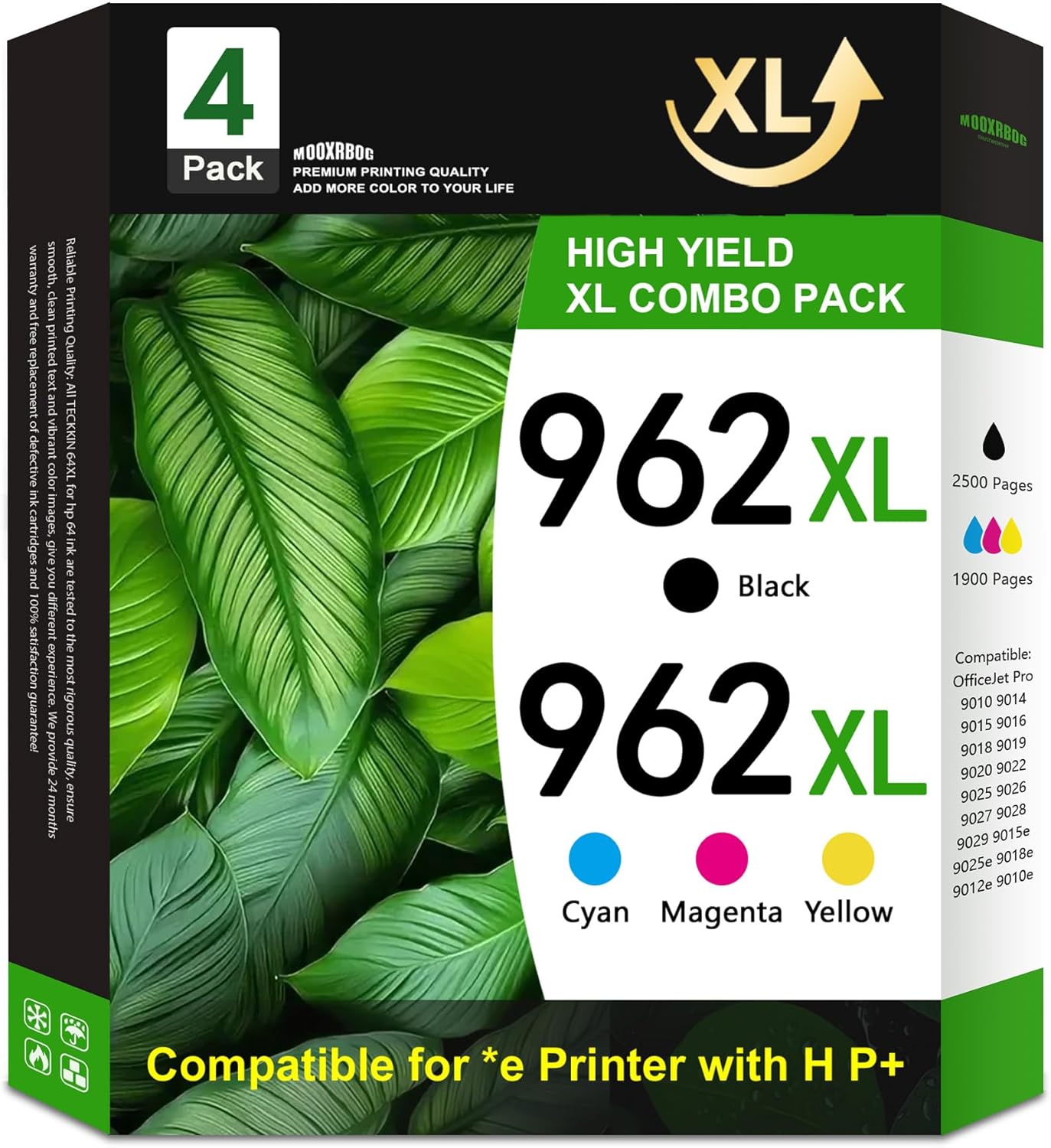 962XL Ink Cartridges - Replacement HP 962xl Ink for OfficeJet 9010 9012 9014e 9015 9016 9018 9019 Printers High Yield 2,500 Black & 1,900 Color Pages 4-Pack (1BK+1C+1M+1Y)