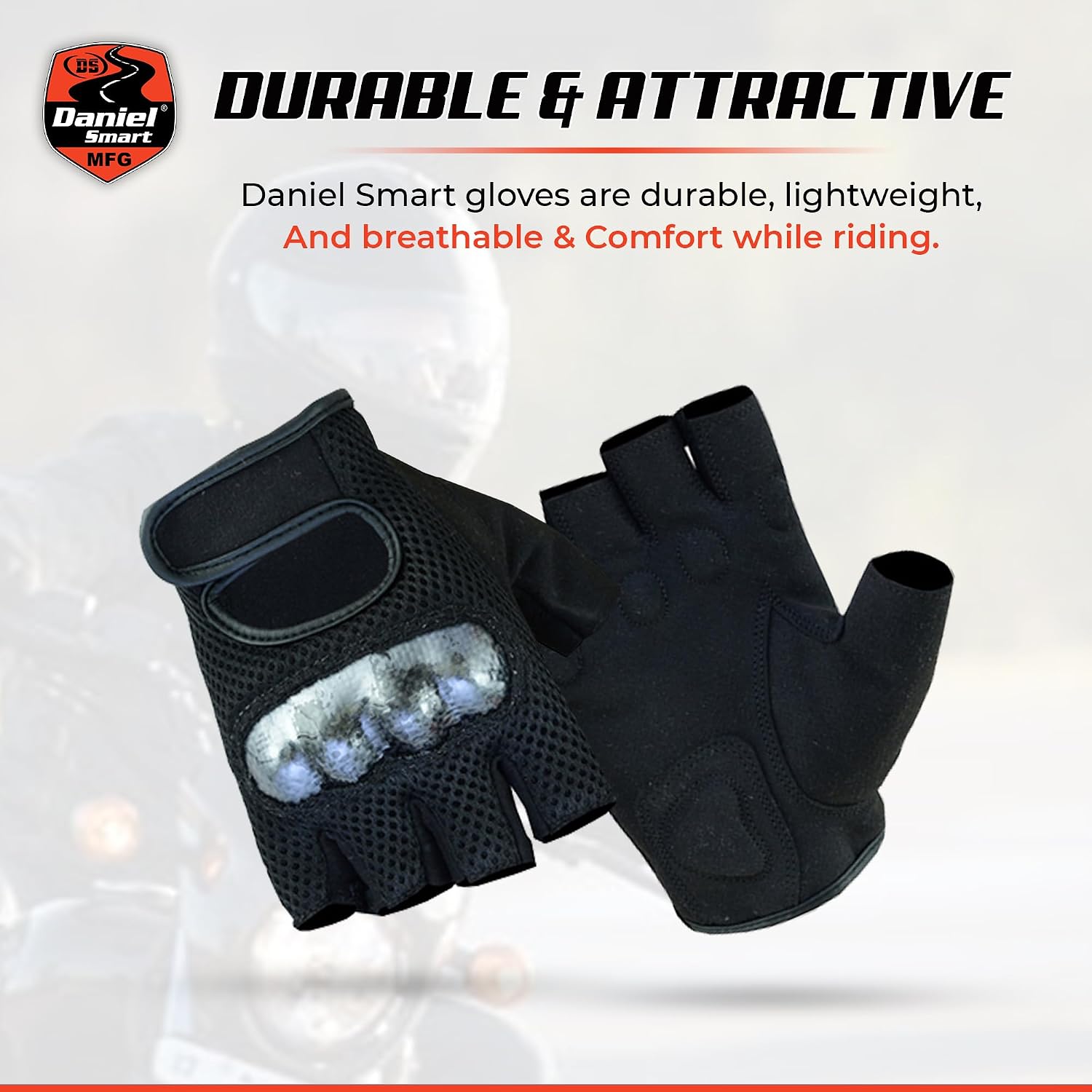 Daniel Smart Men’s Leather Gloves – Fingerless Motorcycle Gloves with Gel Padding, Mesh & Synthetic Leather with Hard Knuckles